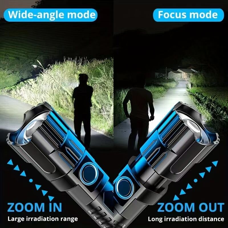 1 USB rechargeable flashlight, ultra-bright LED handheld outdoor emergency light, with telescopic zoom, wide beam, 1800mAh lithium battery, 150 lumens, suitable for camping, hiking, exploration and daily use, camping flashlight