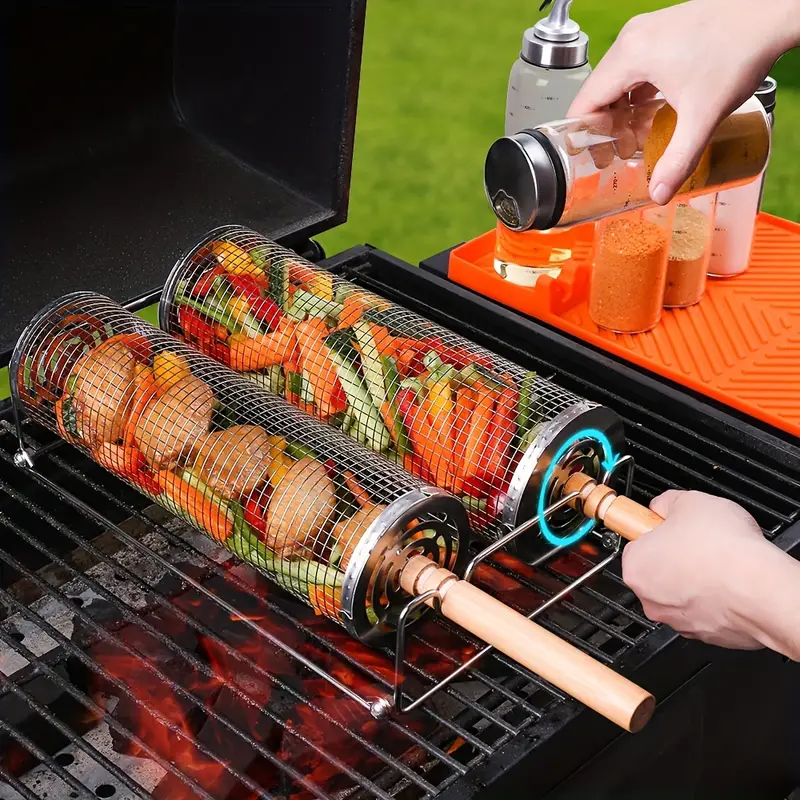2-Pack Stainless Steel Rotating Grill Baskets with Removable Wooden Handle – Durable 304 Mesh for Veggies, Prawns & More – Perfect for BBQ, Camping & Outdoor Cooking, Great Gift for Dad or Husband