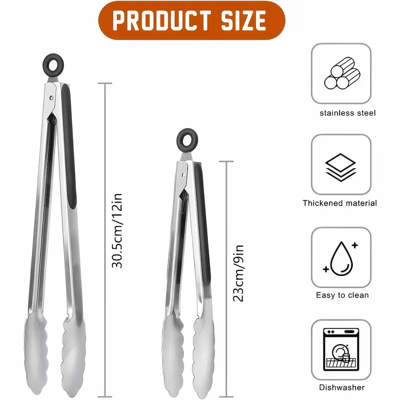 Stainless steel kitchen tongs set (2 pieces), silicone anti-slip handle, lockable barbecue food tongs, 22.86cm & 30.48cm, barbecue cooking tools