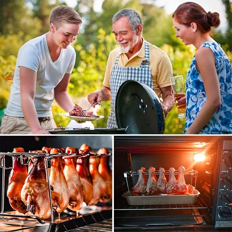 Stainless steel chicken leg and wing rack three-piece set: Foldable standing grill + baking tray + cleaning brush. Suitable for barbecues, smoking, and ovens. Ideal choice for picnics and camping