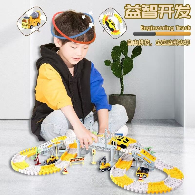 343 track-building sets, track-course - STEM learning toys, construction vehicles (concrete mixers, dump trucks), Track-birthday/Christmas gifts for boys - Developing motor skills and creativity - Compatible with the major