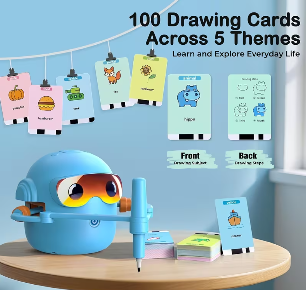 Smart Children's Drawing Robot, an automatic drawing robot toy and interactive educational painting machine. This intelligent robot is a fun educational toy, equipped with 100 cards, suitable for boys and girls aged 3 and above. It makes a perfect gift fo