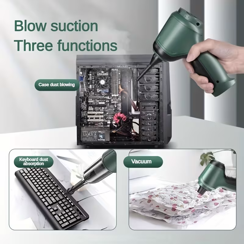 Three-in-one high-power cordless vacuum cleaner, suitable for both car and home use, with an ultra-long battery life. It can vacuum, blow air, remove dust, and clean pet hair. It comes with a variety of accessories and is ready to use immediately