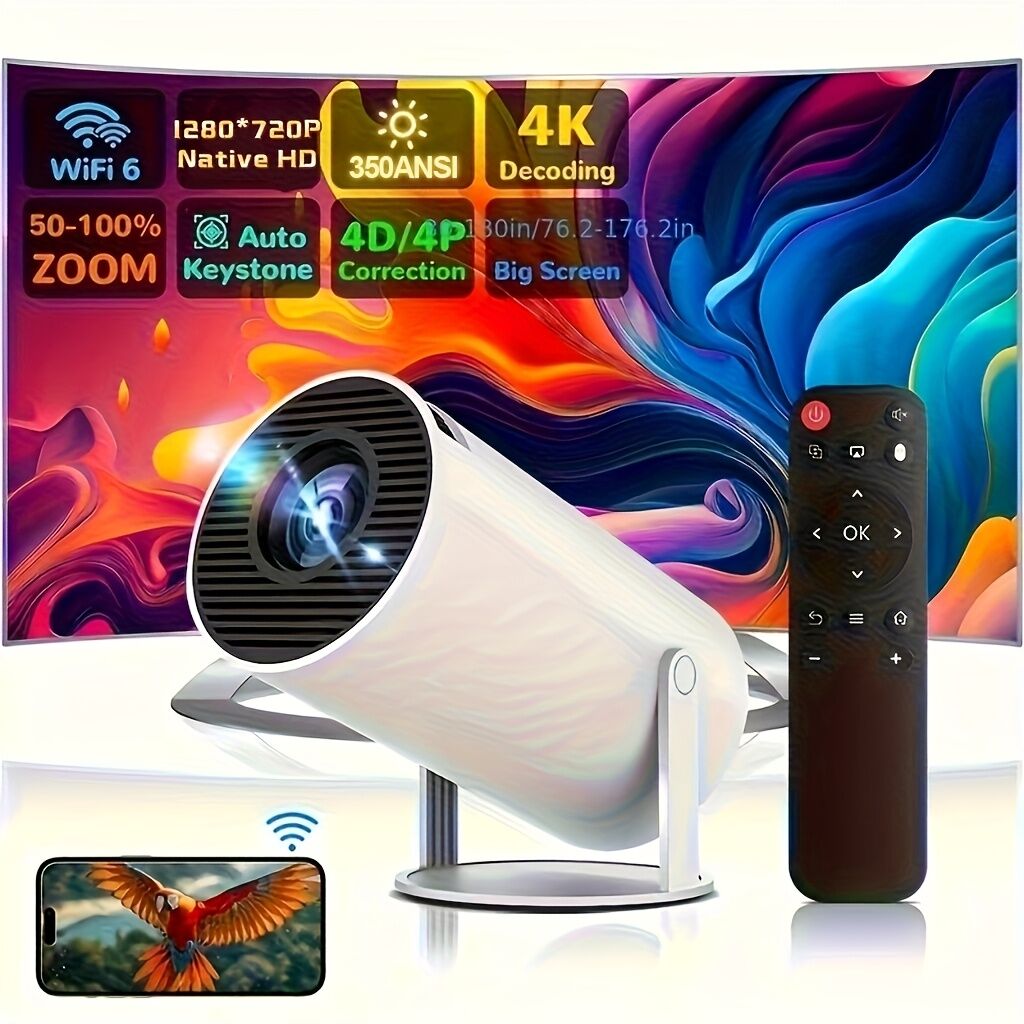HY300 Pro mini portable projector, native 1280 * 720P support 4K / 350ANSI smart projector, with WiFi 6 BT 6.0, Screen adjustment, 180-degree rotation, home video projector with Android 11. 0 operating system built-in