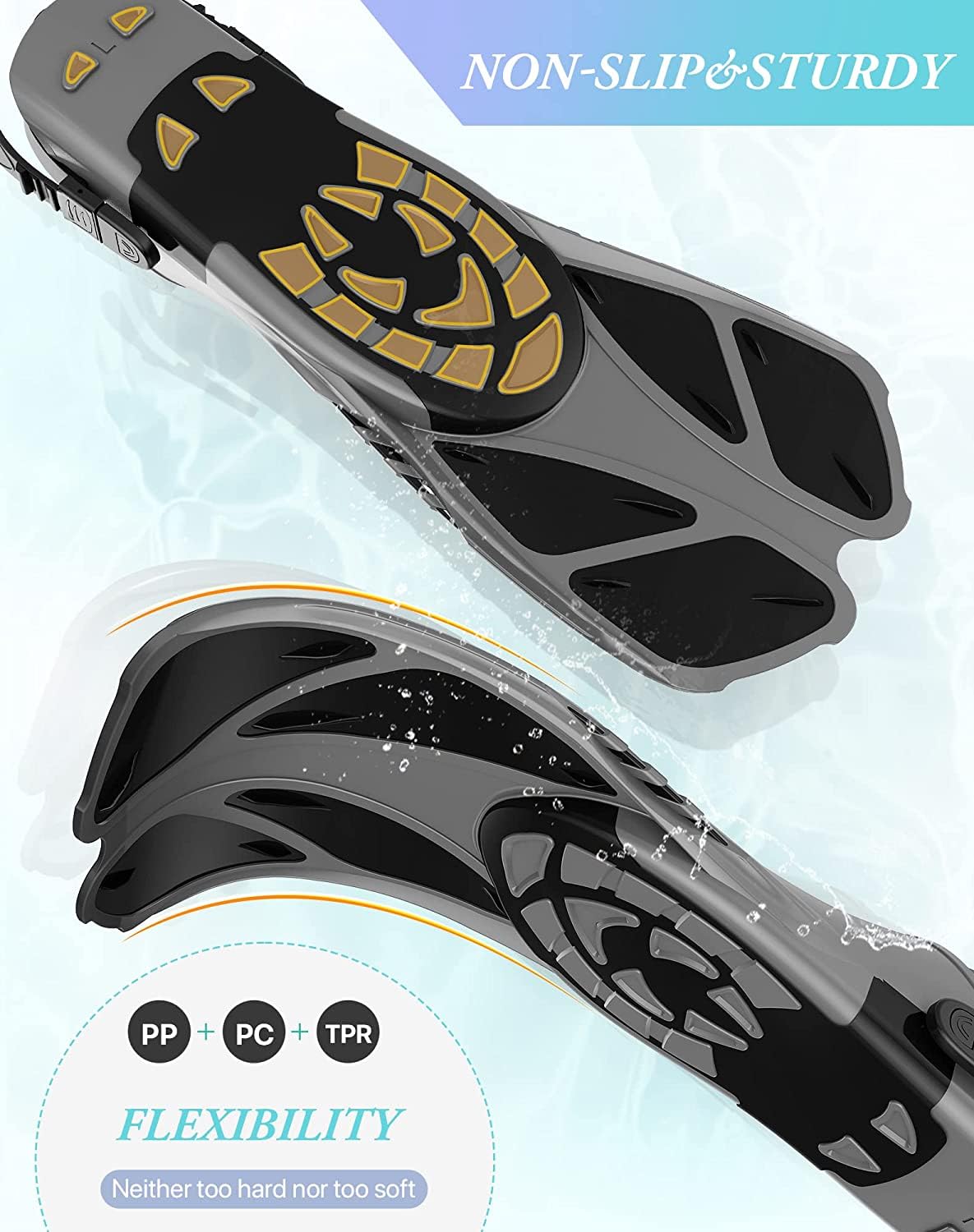 Gray Adjustable Open Heel Snorkel Fins, Travel-Size Short Swim Flippers for Snorkeling, Diving & Swimming, Adult Men & Women(S/M)
