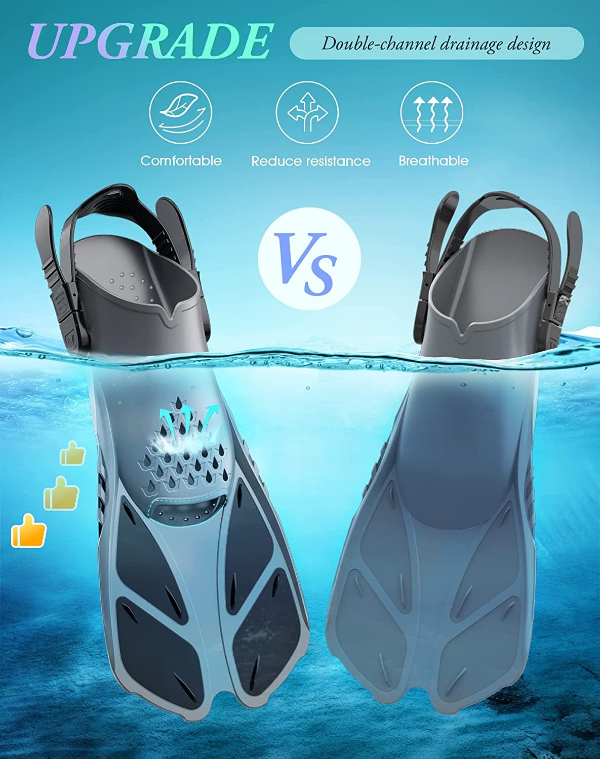 Gray Adjustable Open Heel Snorkel Fins, Travel-Size Short Swim Flippers for Snorkeling, Diving & Swimming, Adult Men & Women(S/M)