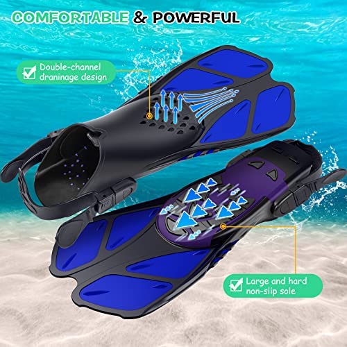Blue Adjustable Open Heel Snorkel Fins, Travel-Size Short Swim Flippers for Snorkeling, Diving & Swimming, Adult Men & Women(S/M)