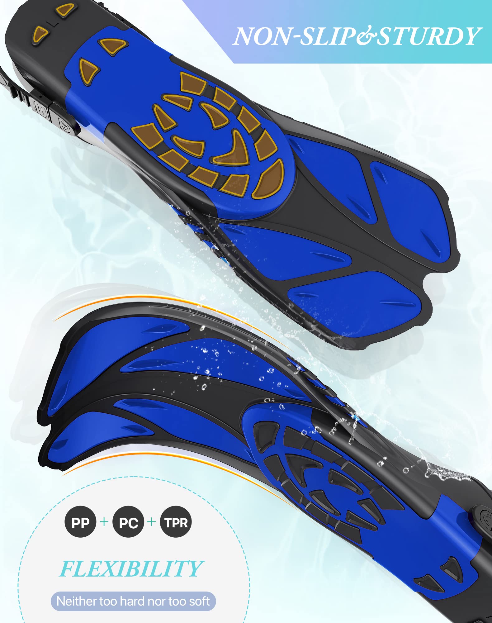 Blue Adjustable Open Heel Snorkel Fins, Travel-Size Short Swim Flippers for Snorkeling, Diving & Swimming, Adult Men & Women(S/M)