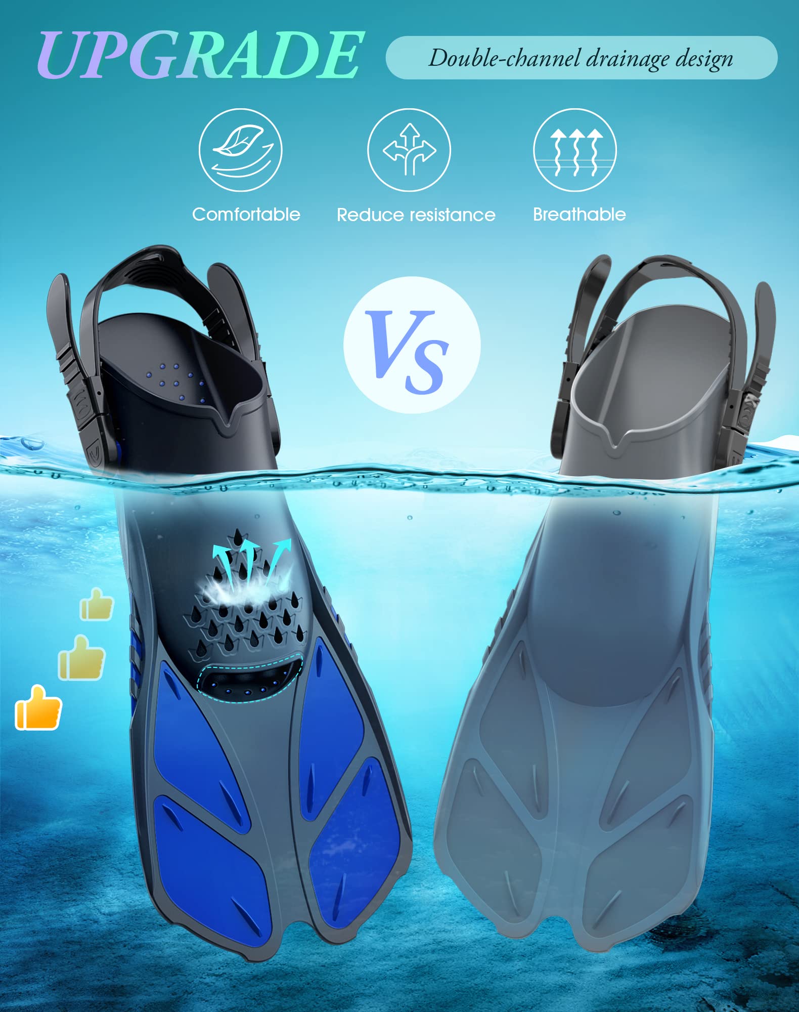 Blue Adjustable Open Heel Snorkel Fins, Travel-Size Short Swim Flippers for Snorkeling, Diving & Swimming, Adult Men & Women(S/M)