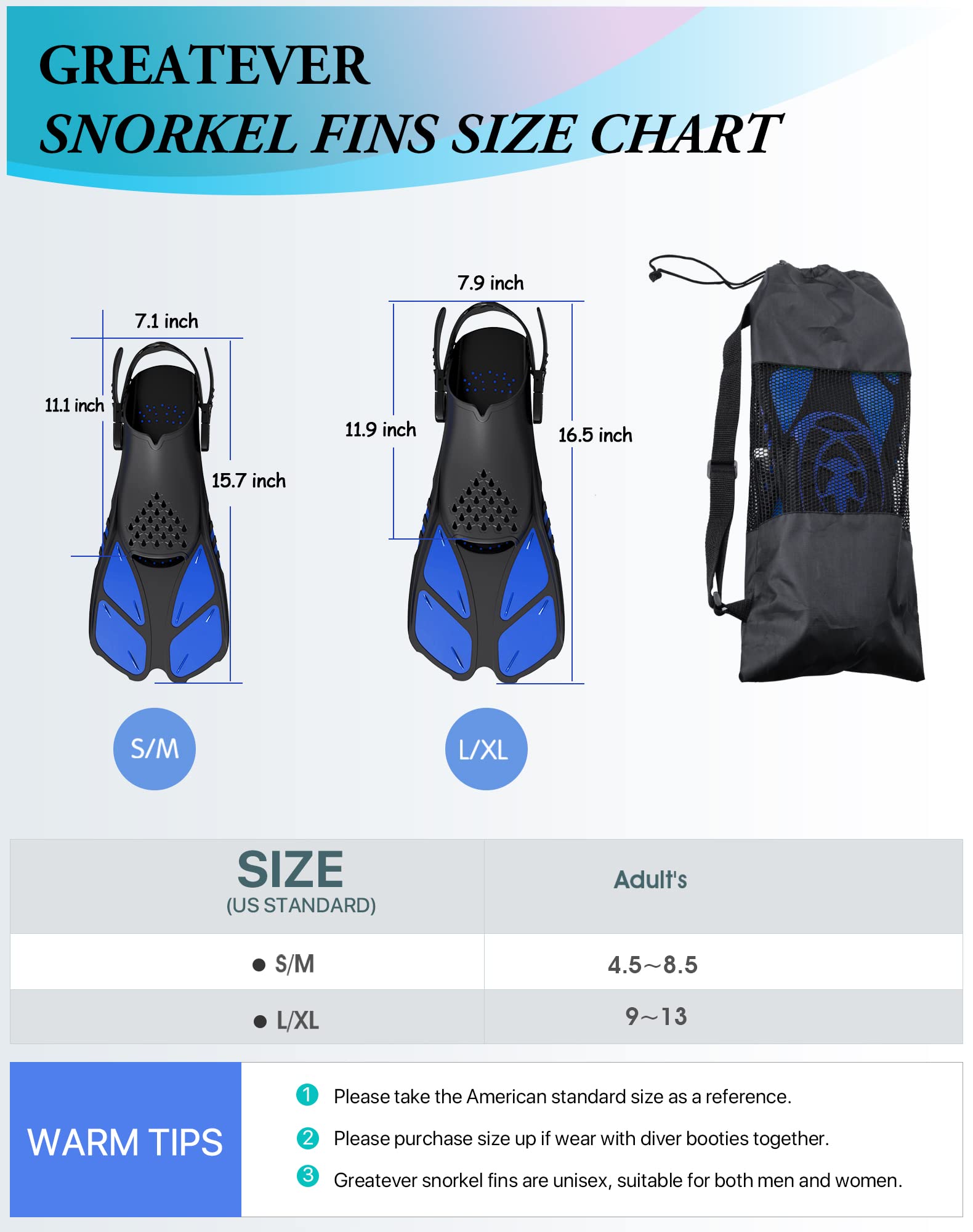 Blue Adjustable Open Heel Snorkel Fins, Travel-Size Short Swim Flippers for Snorkeling, Diving & Swimming, Adult Men & Women(S/M)