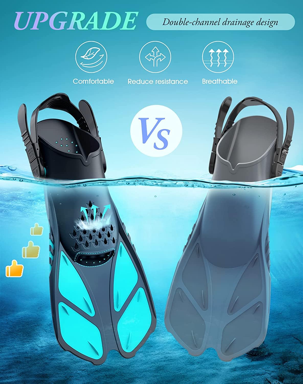 Green Adjustable Open Heel Snorkel Fins, Travel-Size Short Swim Flippers for Snorkeling, Diving & Swimming, Adult Men & Women(S/M)