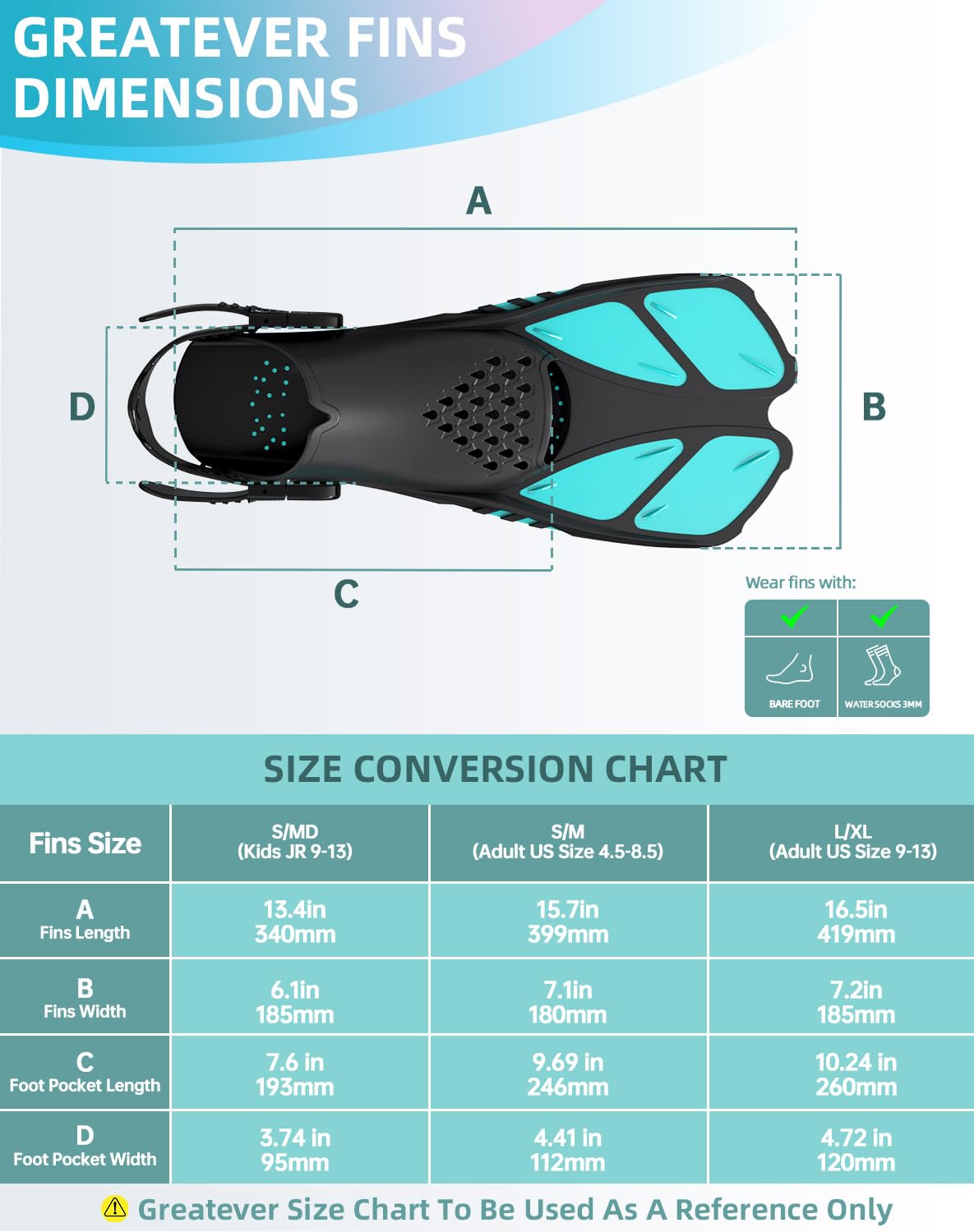 Green Adjustable Open Heel Snorkel Fins, Travel-Size Short Swim Flippers for Snorkeling, Diving & Swimming, Adult Men & Women(S/M)