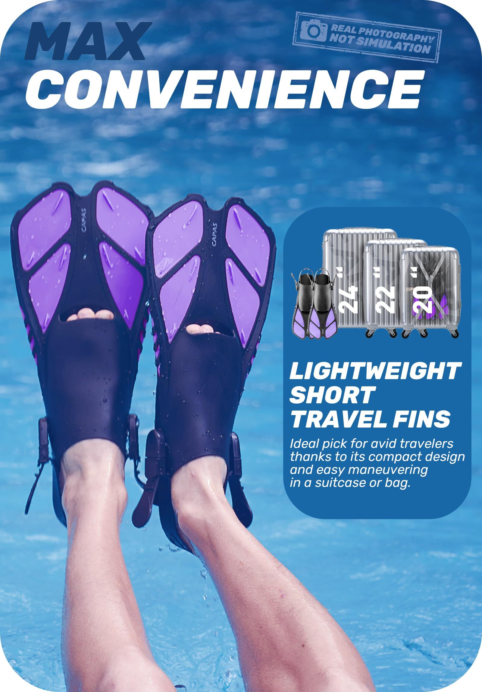 Purple Adjustable Open Heel Snorkel Fins, Travel-Size Short Swim Flippers for Snorkeling, Diving & Swimming, Adult Men & Women(L/XL)