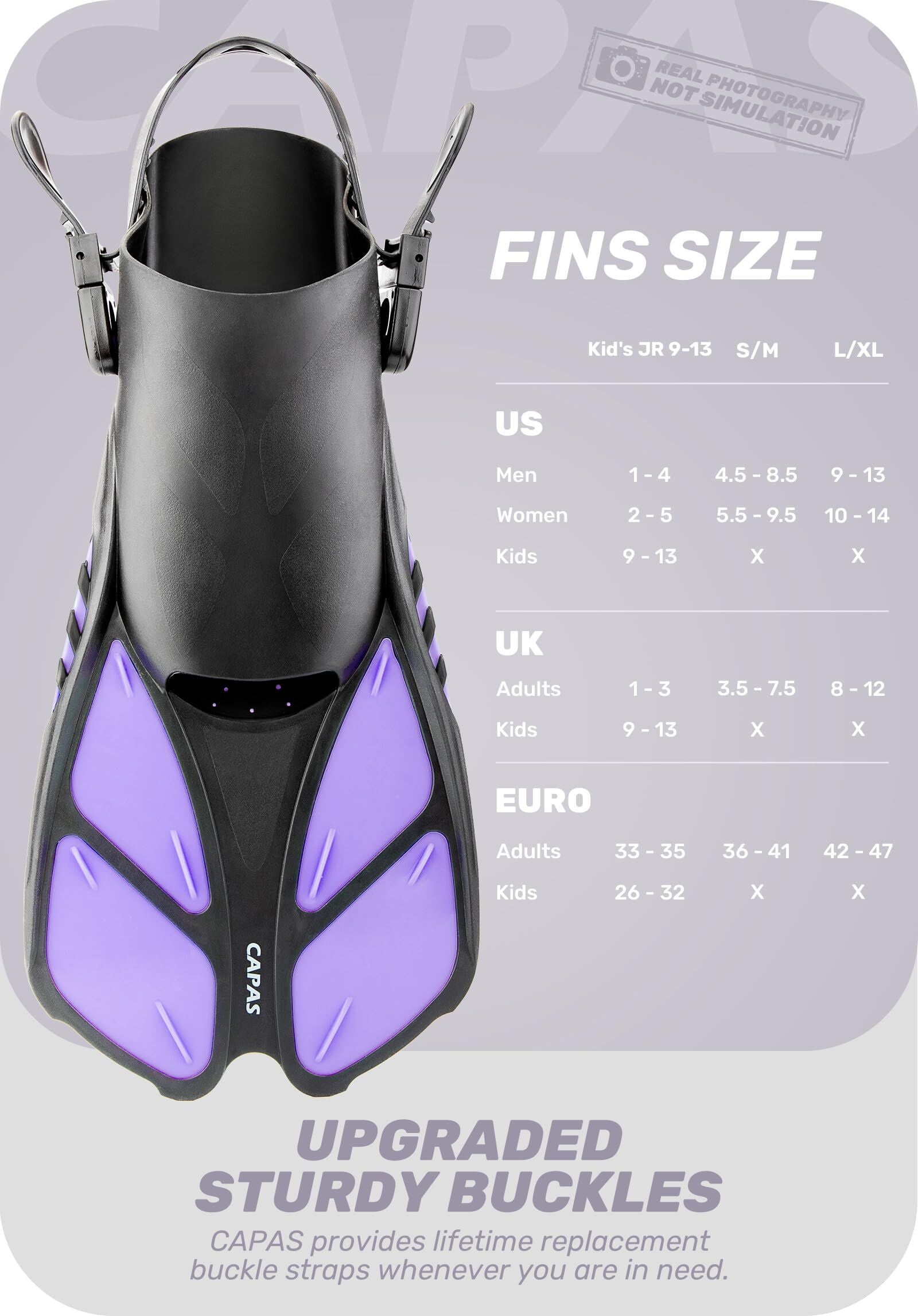 Purple Adjustable Open Heel Snorkel Fins, Travel-Size Short Swim Flippers for Snorkeling, Diving & Swimming, Adult Men & Women(L/XL)