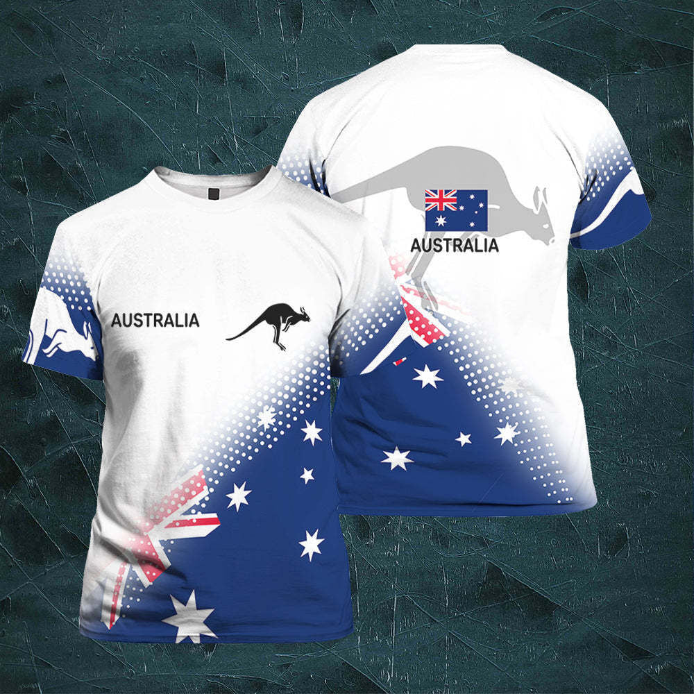 Australian Flag Kangaroo Print Unisex O-Neck Short Sleeve T-Shirt Summer Breathable Cotton Blend Streetwear Top(L)