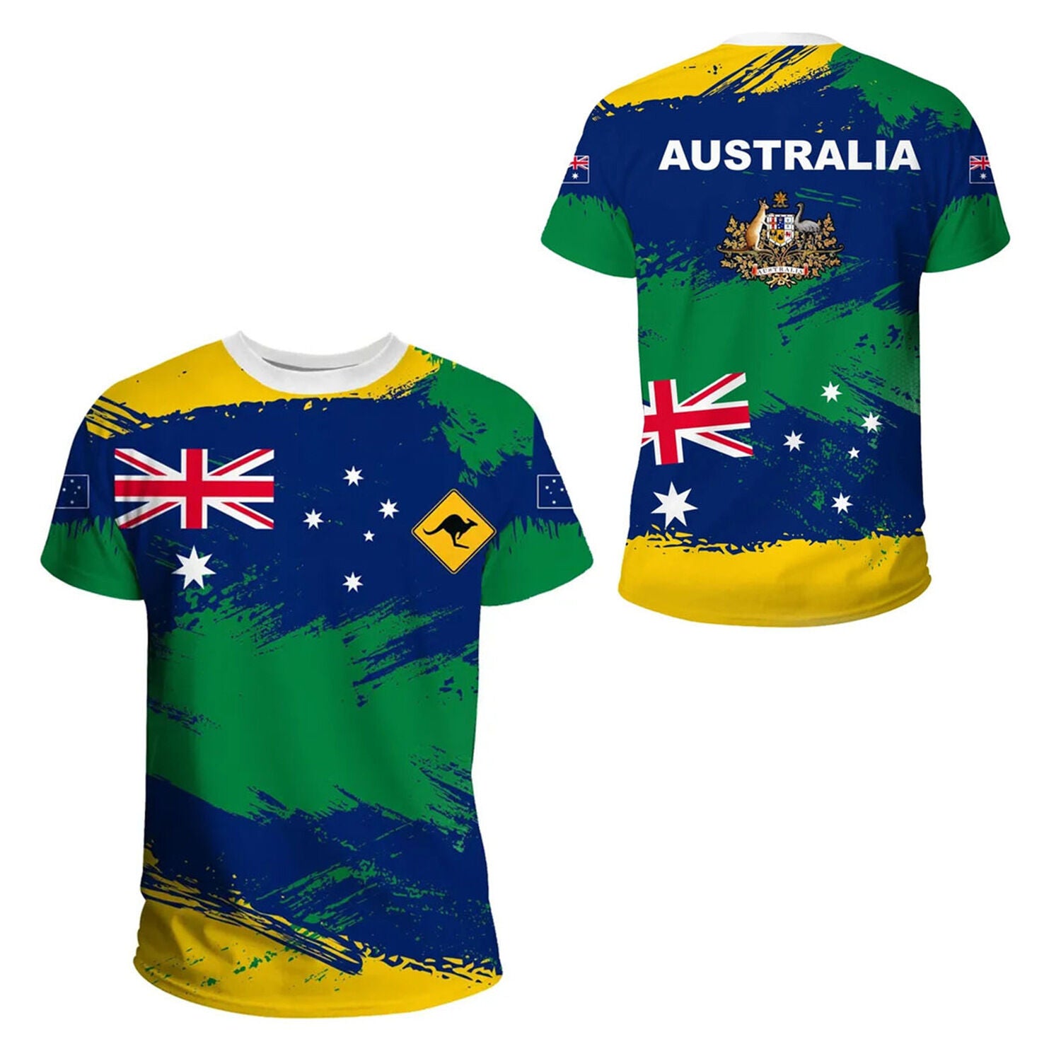 Australian Flag & Kangaroo Print Unisex O-Neck Short Sleeve T-Shirt Summer Breathable Cotton-Blend Streetwear Top(S)