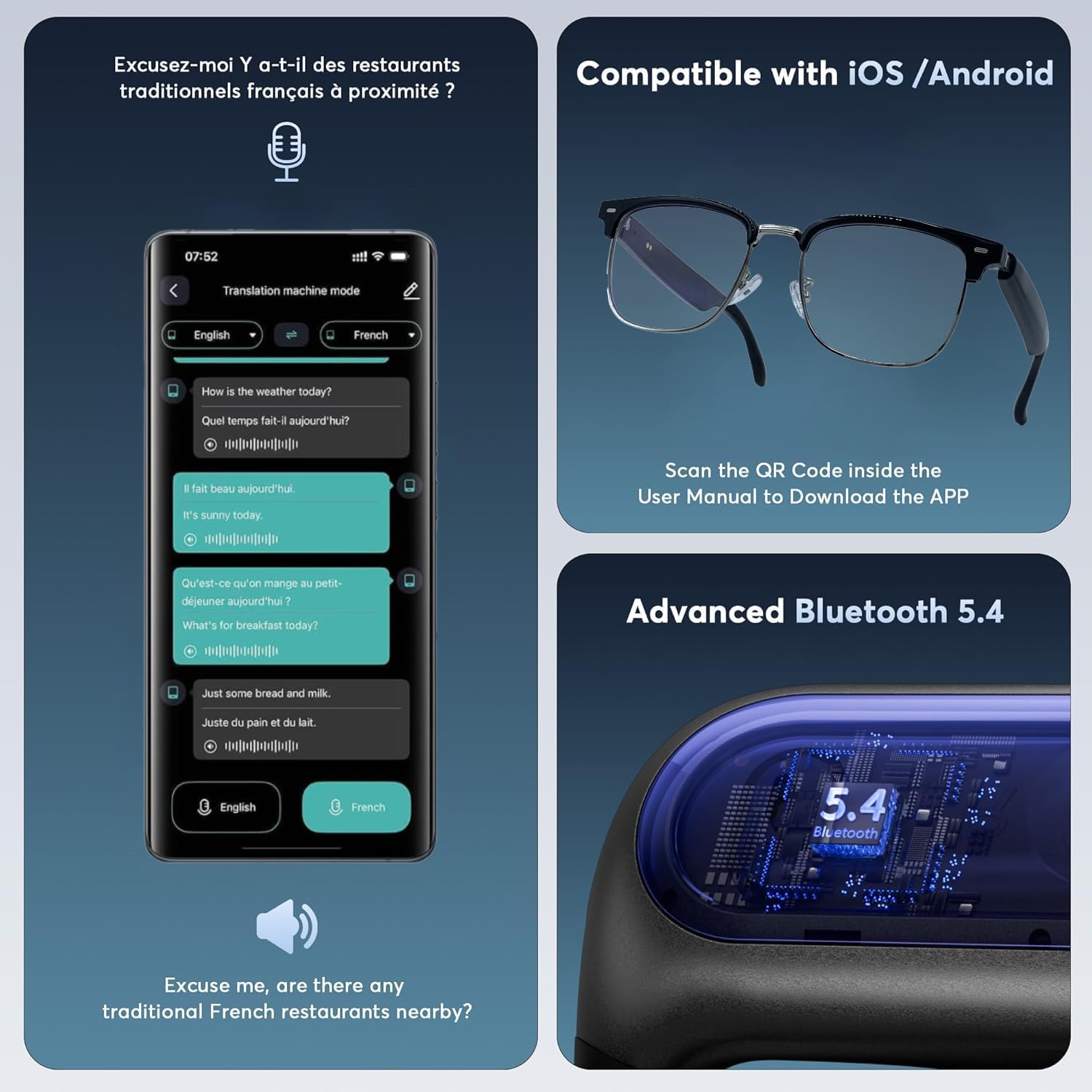 AI Smart Translation Glasses: 110+ Languages, Photochromic Lenses, Bluetooth – Ideal for Travel, Business & Daily Use(black)