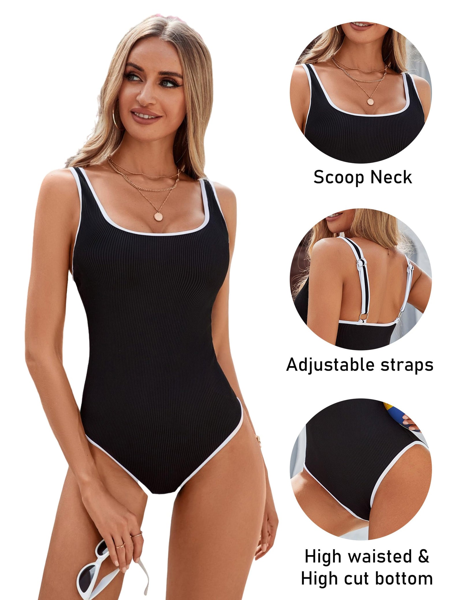 Women's Black One Piece Swimsuit with White Trim: Adjustable Strap, Ribbed, High Cut for Sports & Beach(XL)