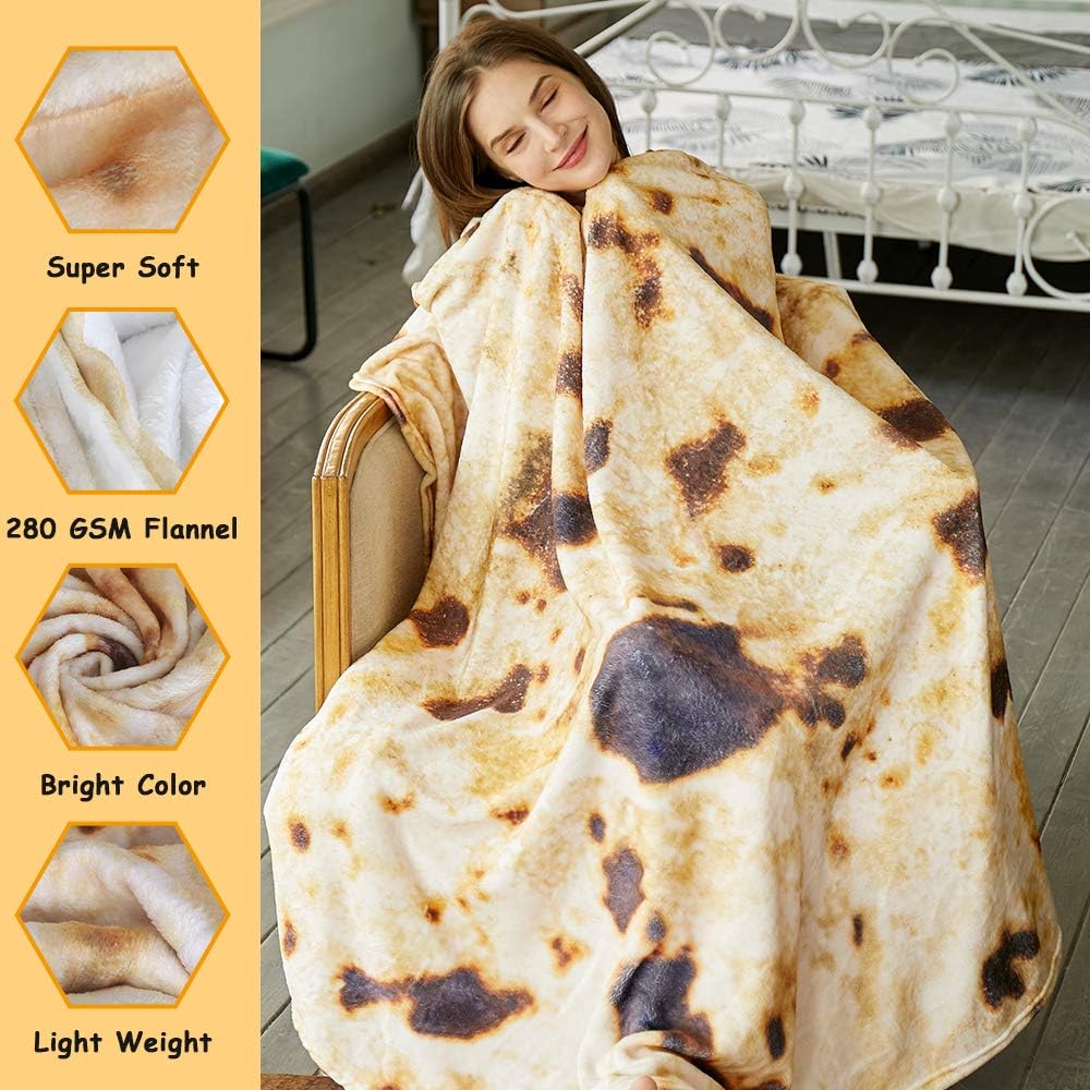 Burritos Tortilla Throw Blanket (Brown), Novelty Funny Round Blanket for Kids & Adults, Soft Flannel Tortilla Wrap Blanket(47",Baby)