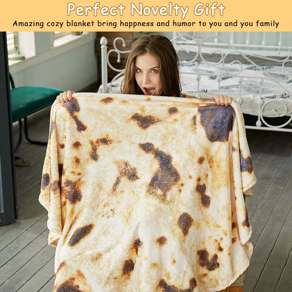 Burritos Tortilla Throw Blanket (Brown), Novelty Funny Round Blanket for Kids & Adults, Soft Flannel Tortilla Wrap Blanket(71", Adults)