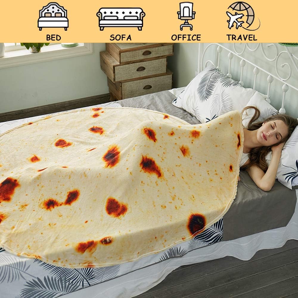 Burritos Tortilla Throw Blanket (Yellow), Novelty Funny Round Blanket for Kids & Adults, Soft Flannel Tortilla Wrap Blanket(60",Teenagers)