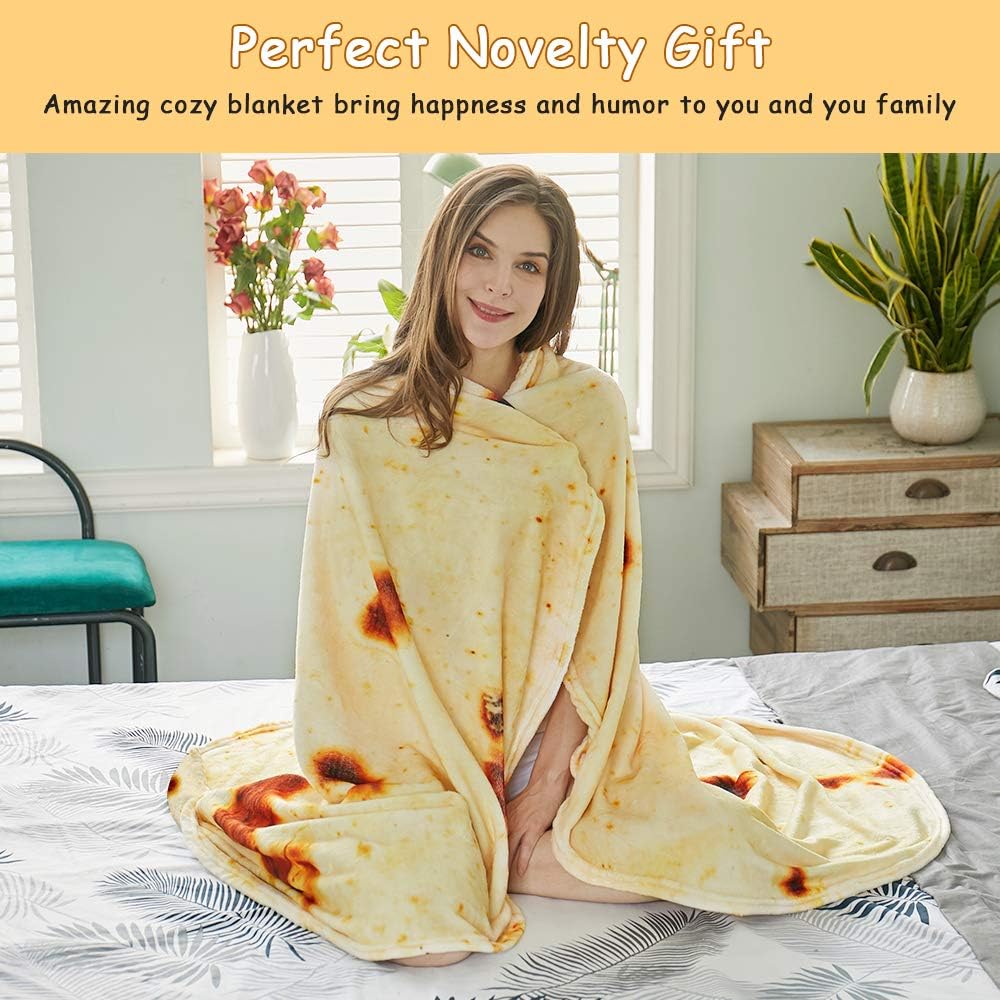 Burritos Tortilla Throw Blanket (Yellow), Novelty Funny Round Blanket for Kids & Adults, Soft Flannel Tortilla Wrap Blanket(71", Adults)