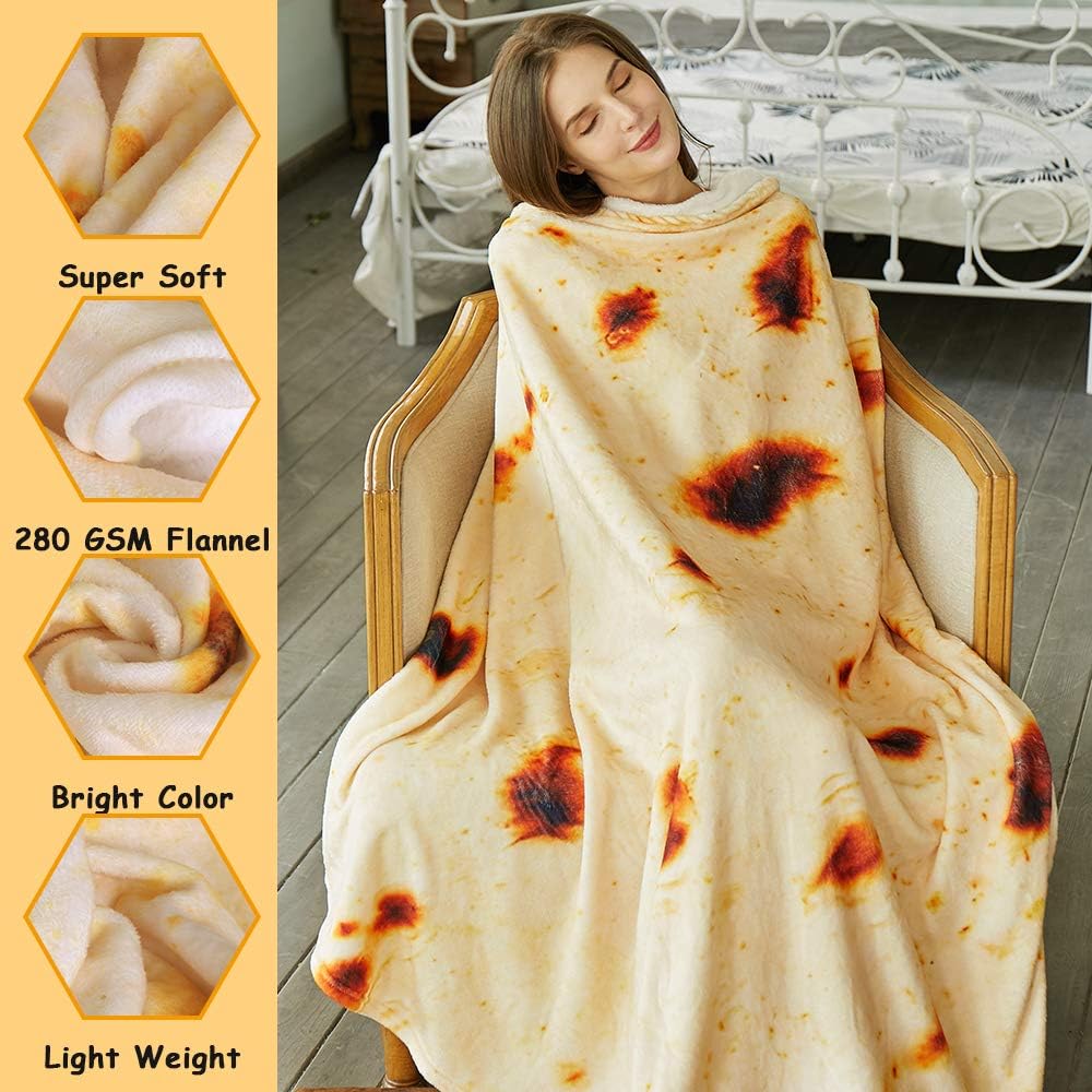 Burritos Tortilla Throw Blanket (Yellow), Novelty Funny Round Blanket for Kids & Adults, Soft Flannel Tortilla Wrap Blanket(71", Adults)