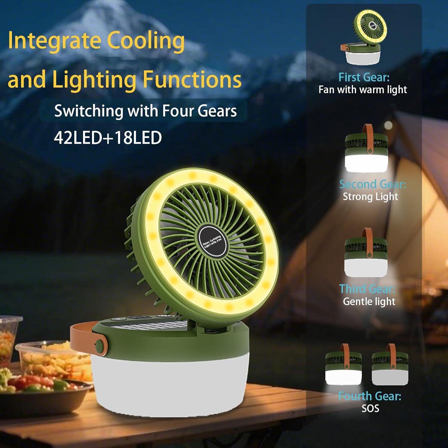 Camping Light with Fan, Portable Hanging Lamp for Tent, IPX4 Waterproof, 4 Mode Light Camping Lantern and 3 -Speed Quiet Fan,USB & Auxiliary Solar Charging,for Camping/College Dorm (Army Green)