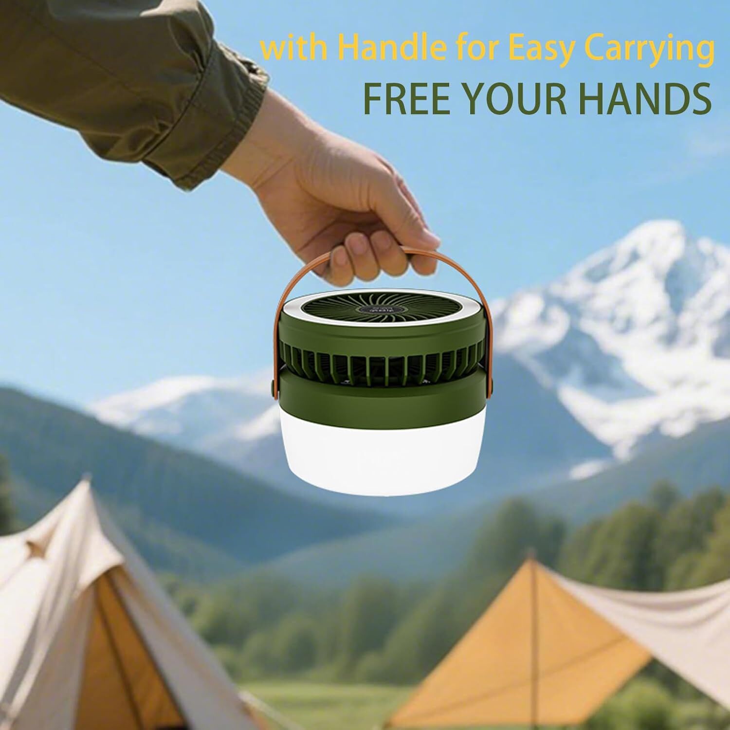 Camping Light with Fan, Portable Hanging Lamp for Tent, IPX4 Waterproof, 4 Mode Light Camping Lantern and 3 -Speed Quiet Fan,USB & Auxiliary Solar Charging,for Camping/College Dorm (Army Green)