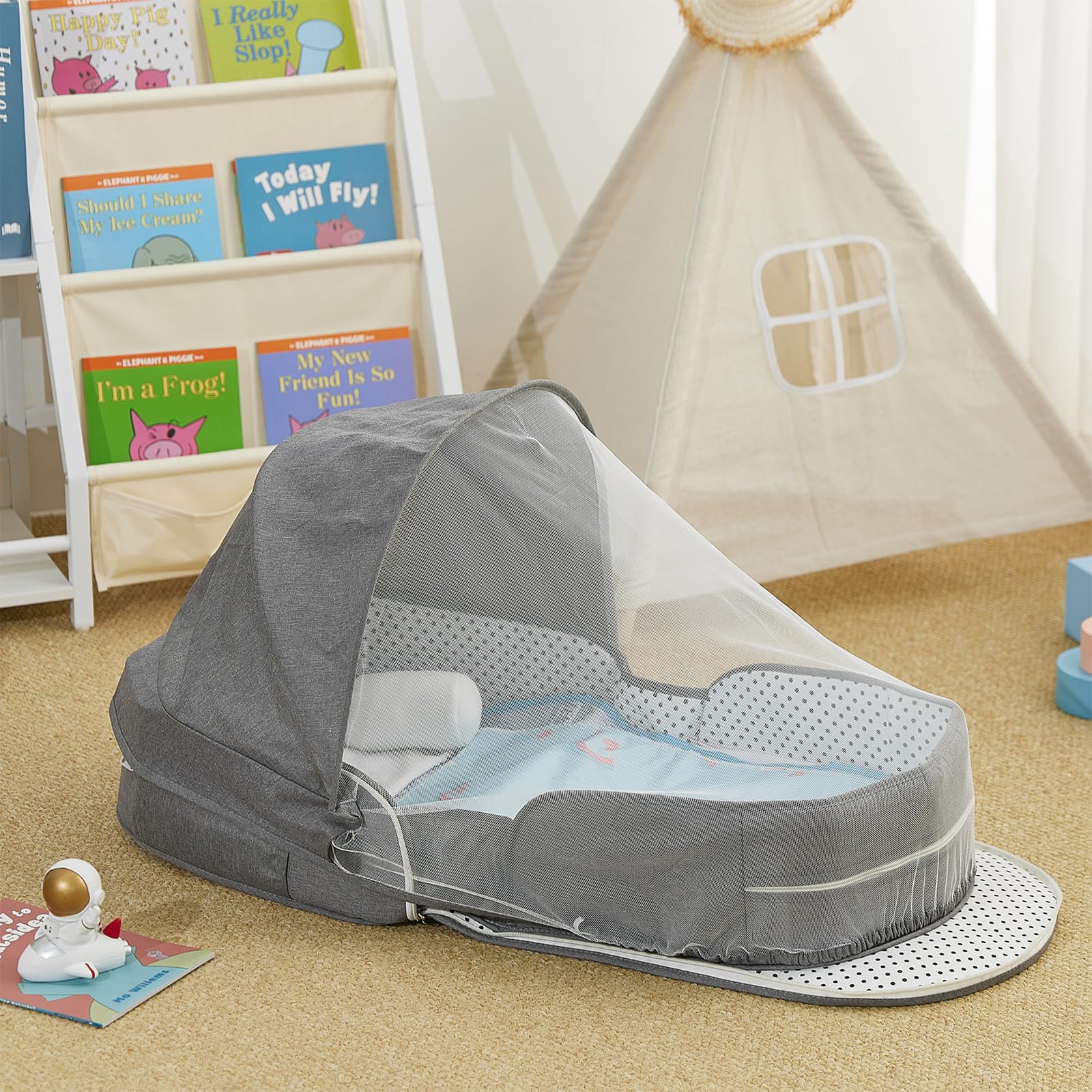 Portable Baby Travel Bassinet with Mosquito Net & Canopy – Foldable Infant Bed, Lightweight Carry Bag (Grey)