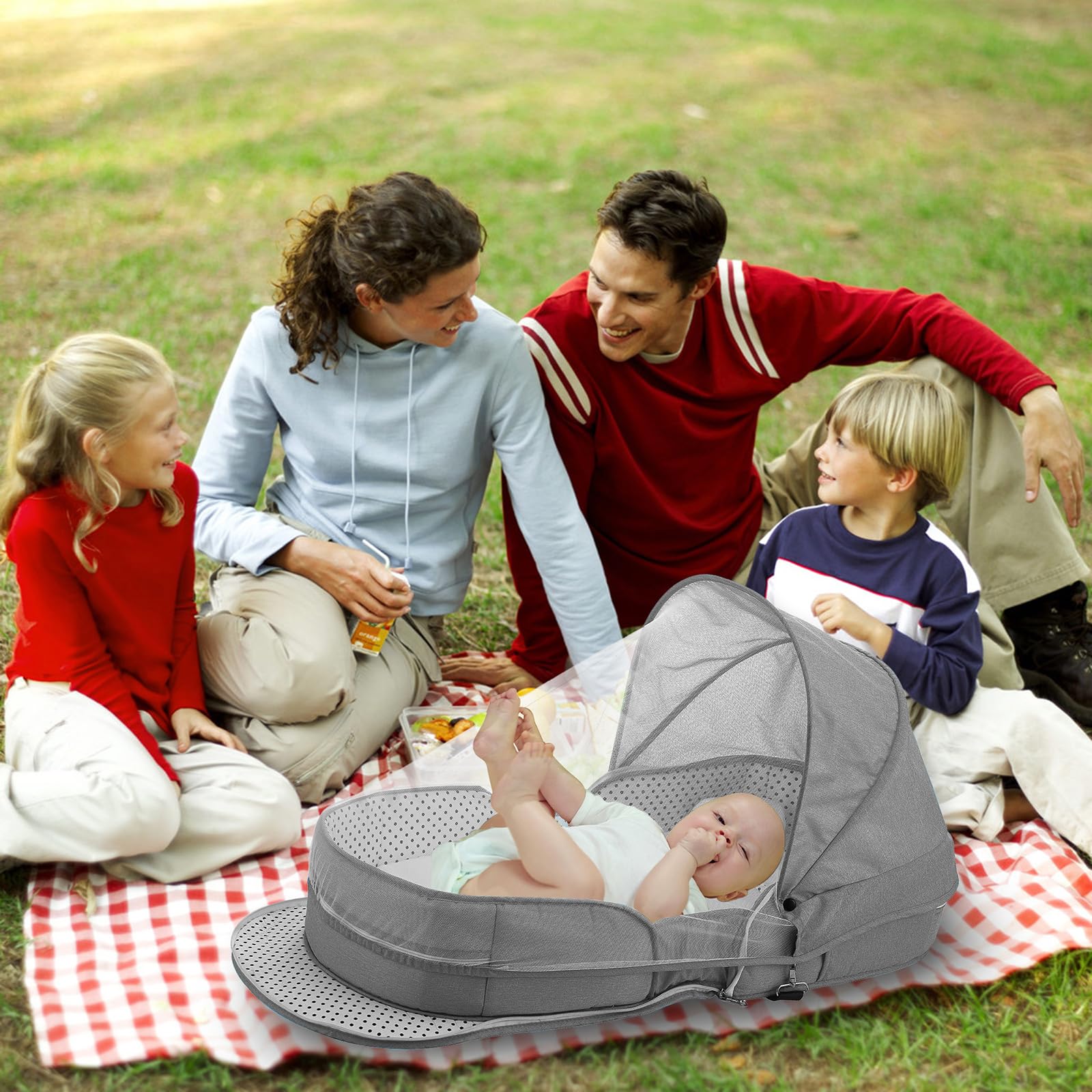 Portable Baby Travel Bassinet with Mosquito Net & Canopy – Foldable Infant Bed, Lightweight Carry Bag (Grey)