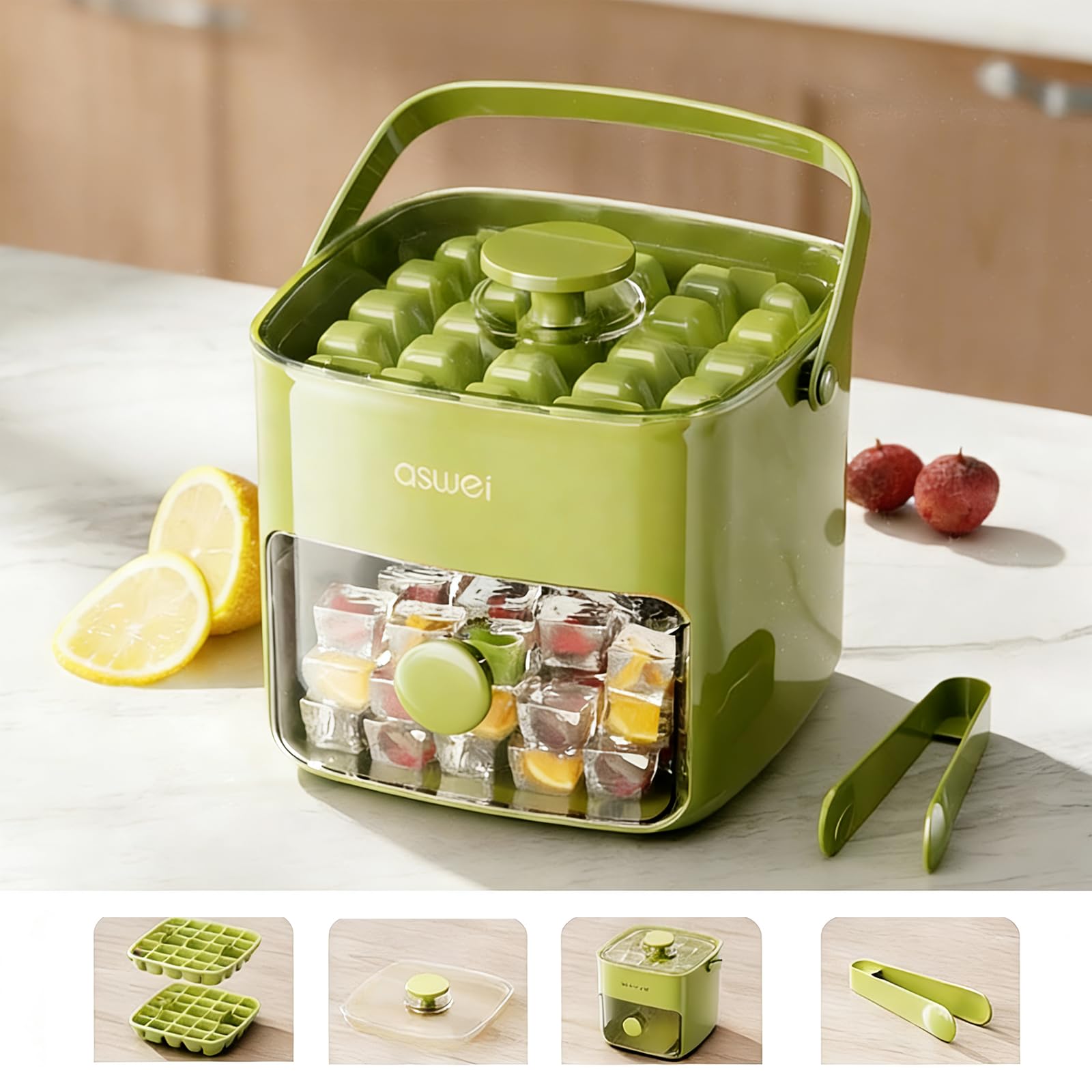 Portable Ice Cube Maker with Storage Drawer – BPA-Free, 48-Cube Capacity, Push-Release Tray & Transparent Lid for Cocktails, Coffee, Whiskey(Green)