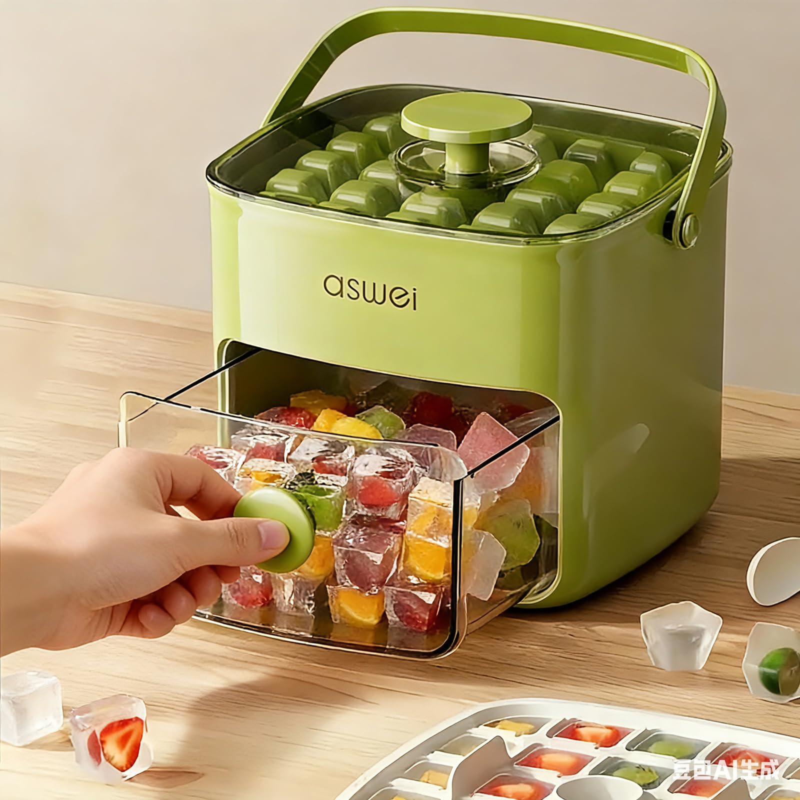 Portable Ice Cube Maker with Storage Drawer – BPA-Free, 48-Cube Capacity, Push-Release Tray & Transparent Lid for Cocktails, Coffee, Whiskey(Green)