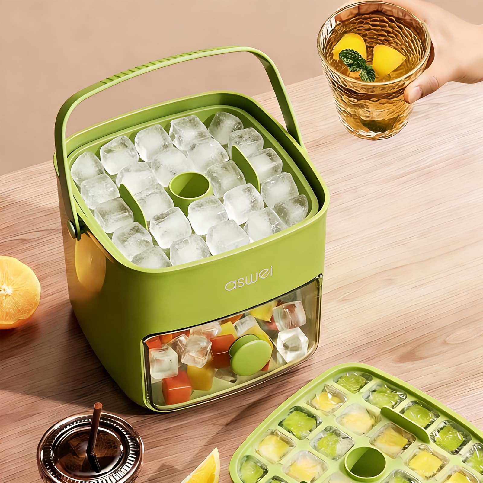 Portable Ice Cube Maker with Storage Drawer – BPA-Free, 48-Cube Capacity, Push-Release Tray & Transparent Lid for Cocktails, Coffee, Whiskey(Green)