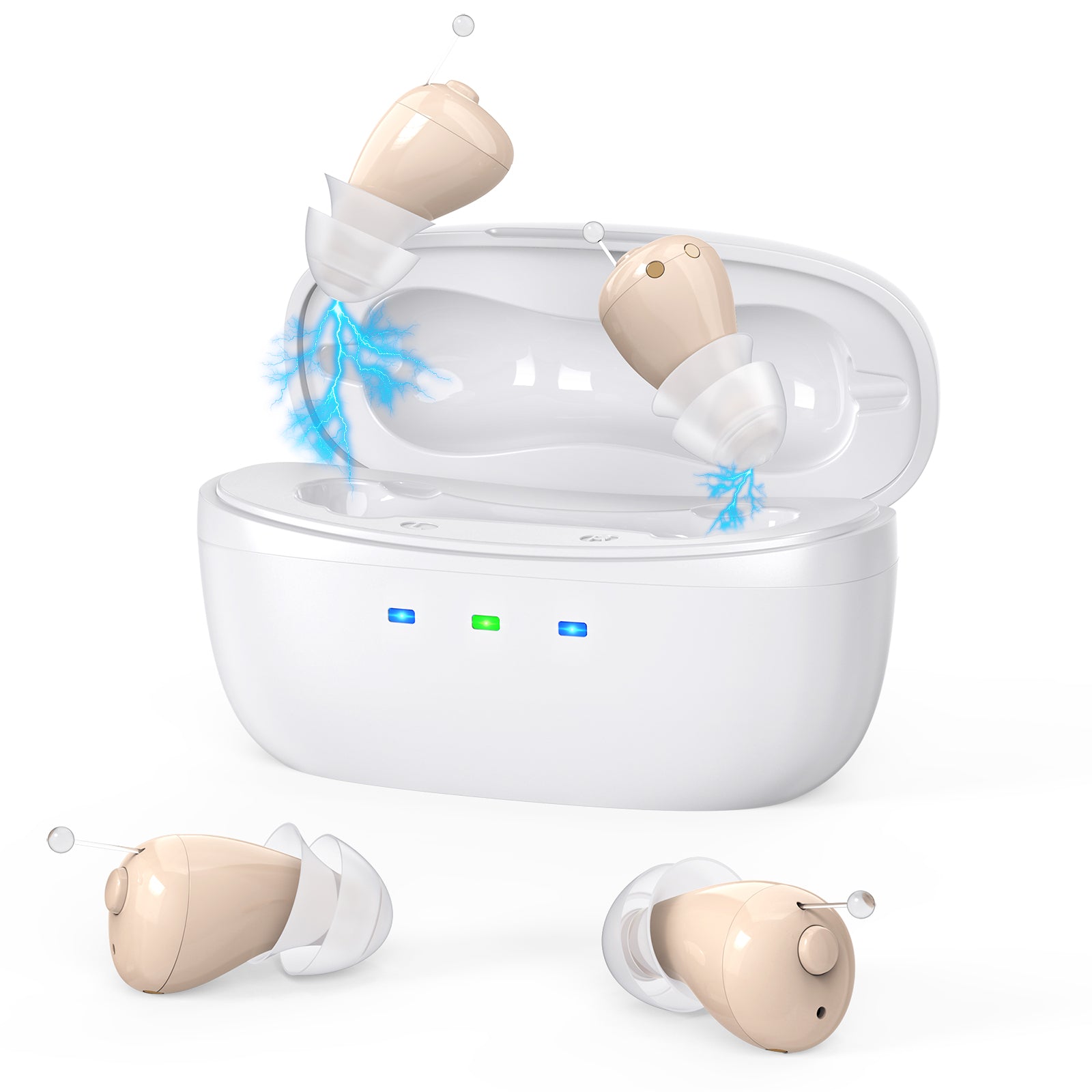 Rechargeable Behind-the-Ear Hearing Aids with Charging Case – Compact Sound Amplifier for Adults & Seniors with Memory Volume (White Case, Skin Tone Device)