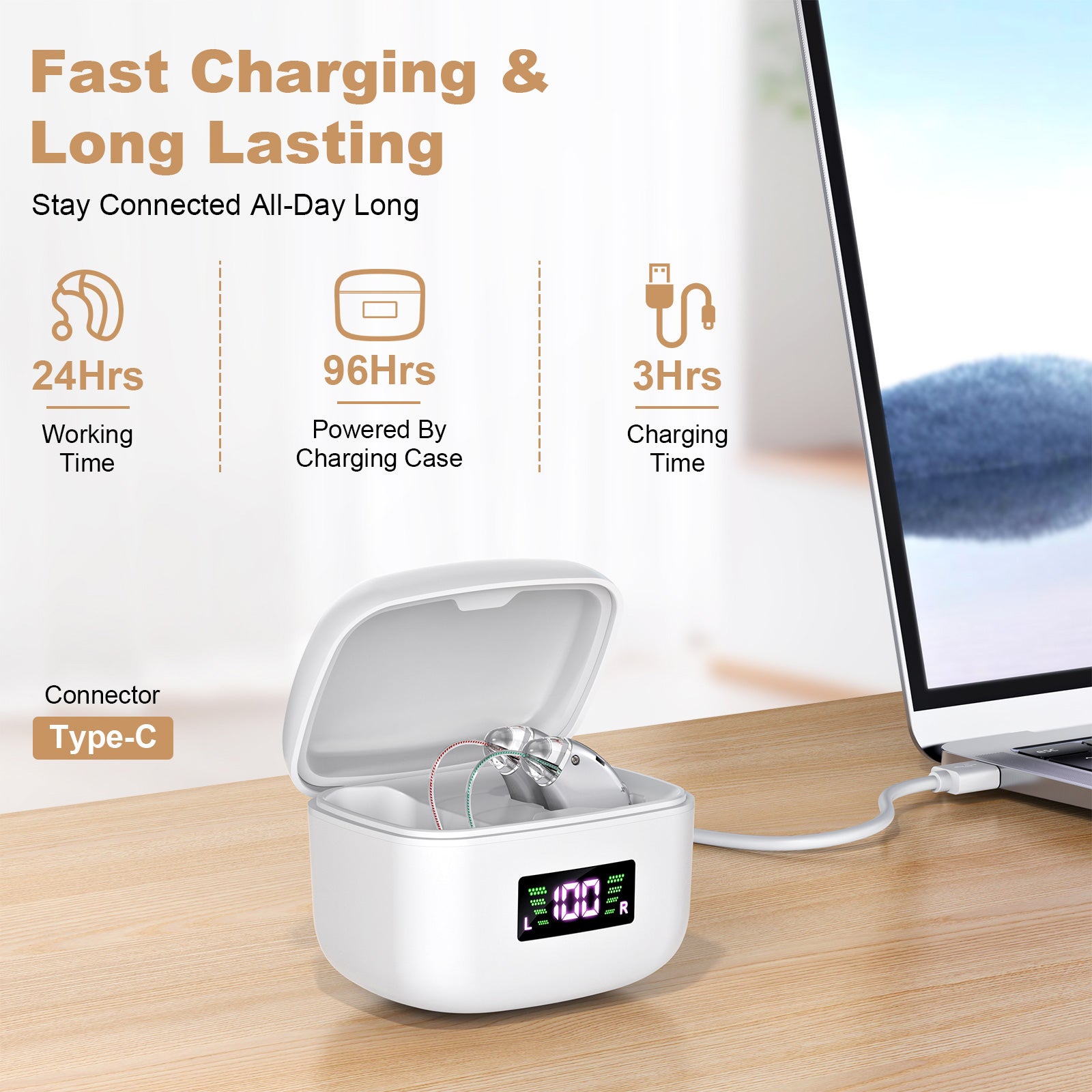 Rechargeable Behind-the-Ear Hearing Aids with Charging Case & LCD Display – Compact Sound Amplifier for Adults and Seniors (White Case, Silver Device)