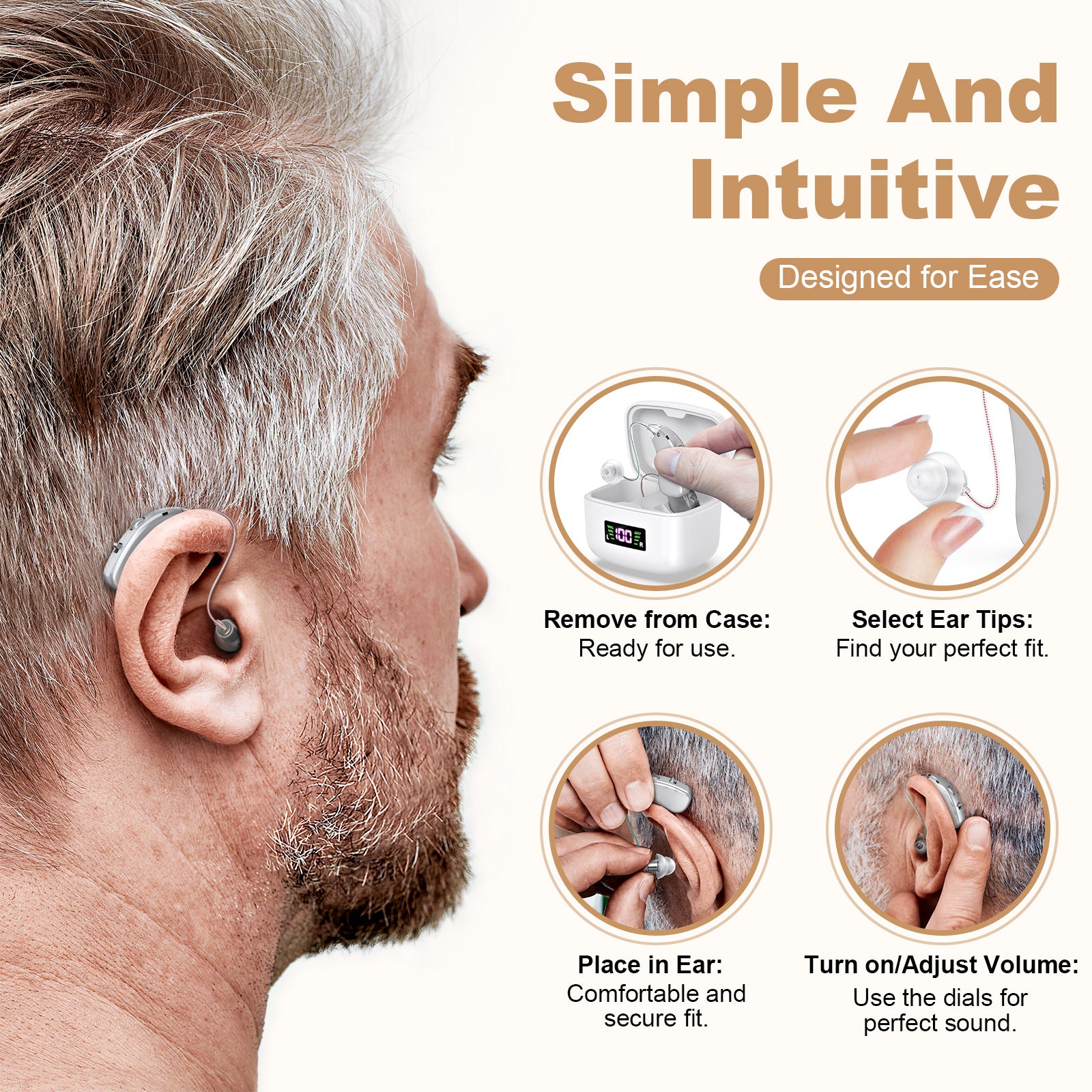 Rechargeable Behind-the-Ear Hearing Aids with Charging Case & LCD Display – Compact Sound Amplifier for Adults and Seniors (White Case, Silver Device)