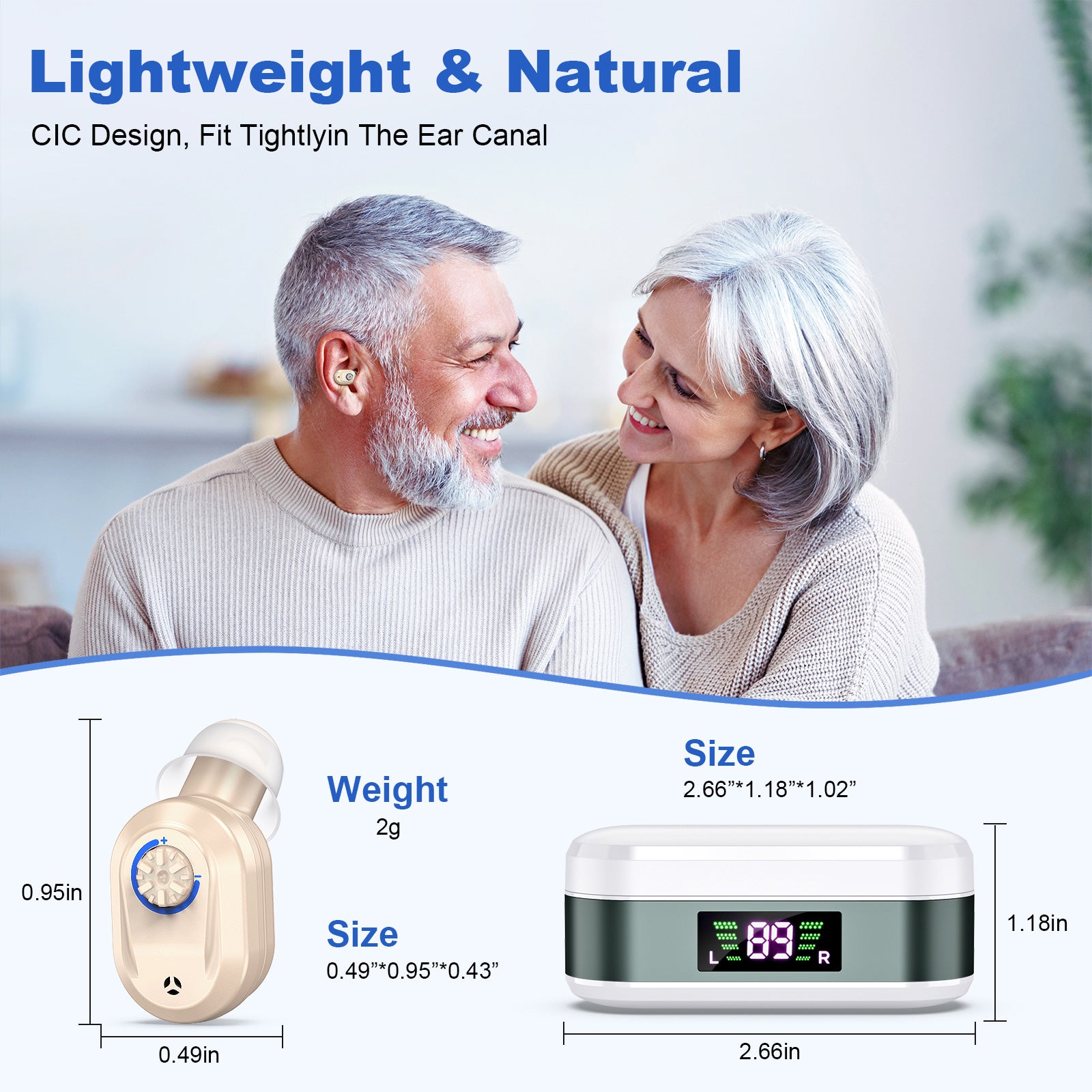 Rechargeable In-the-Ear Hearing Aids with Charging Case and LCD Display – Ultra-Compact Sound Amplifier for Seniors (White & Green Case, Skin Tone Device)