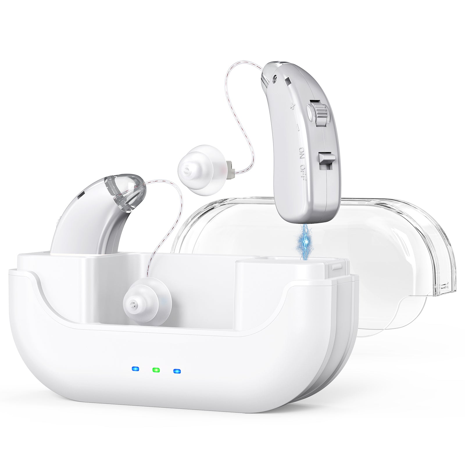 Rechargeable Hearing Amplifier with Charging Case – Compact Sound Enhancer for Daily Use, Noise Reduction & Clear Audio (White & Transparent Case, Silver Tone)