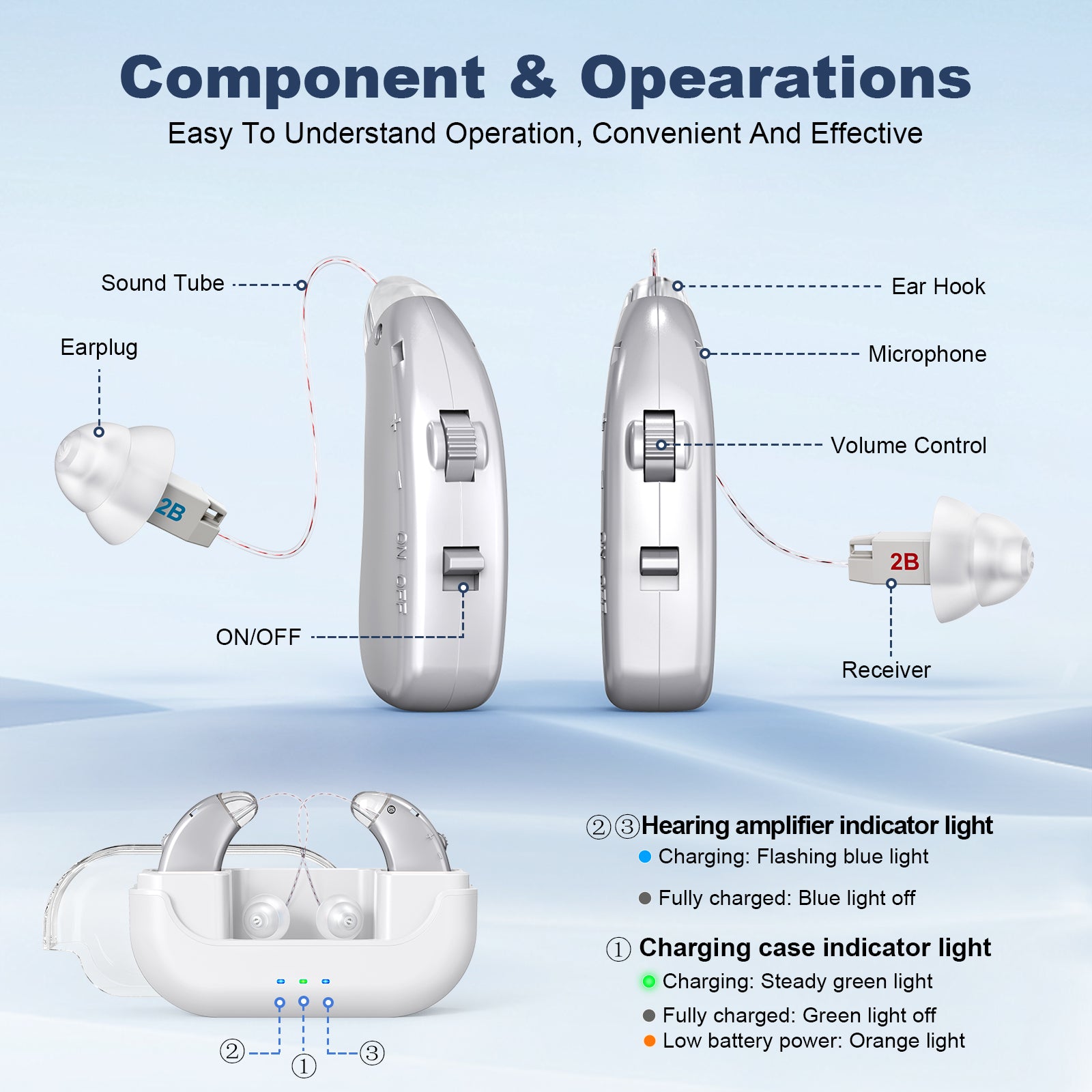 Rechargeable Hearing Amplifier with Charging Case – Compact Sound Enhancer for Daily Use, Noise Reduction & Clear Audio (White & Transparent Case, Silver Tone)