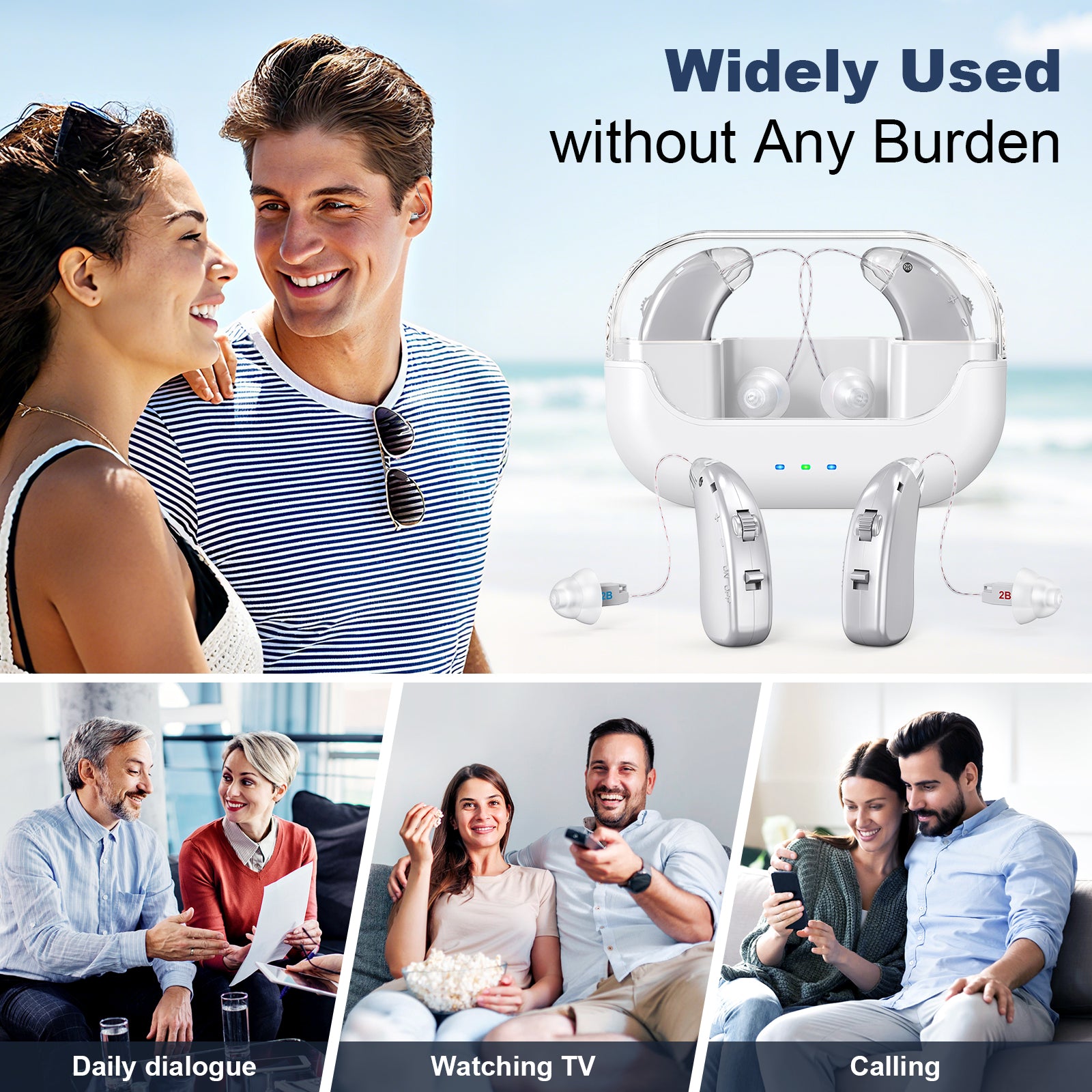 Rechargeable Hearing Amplifier with Charging Case – Compact Sound Enhancer for Daily Use, Noise Reduction & Clear Audio (White & Transparent Case, Silver Tone)