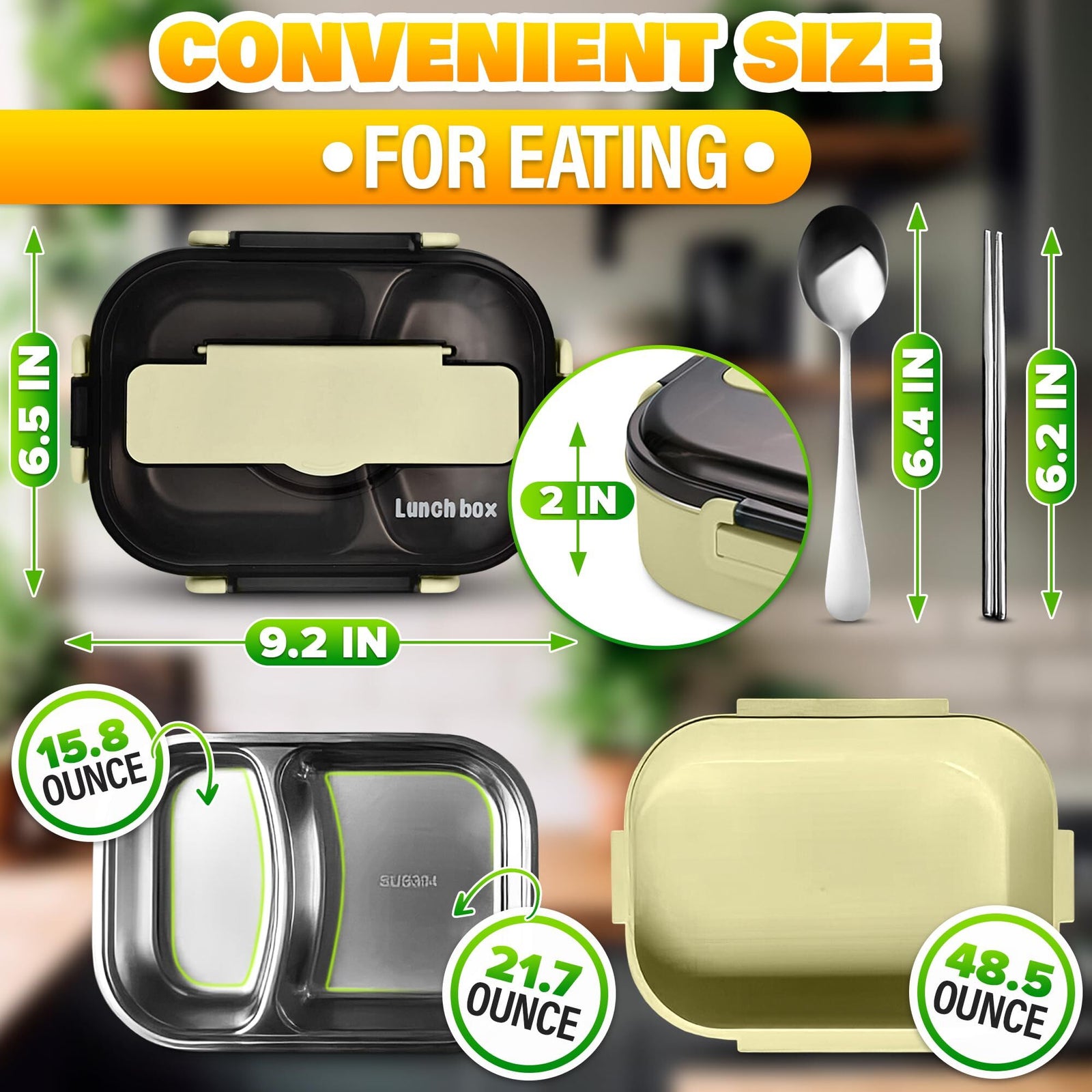 Stainless Steel Bento Lunch Box with Dual Compartments & Utensils – Microwave & Dishwasher Safe for Adults (Green)