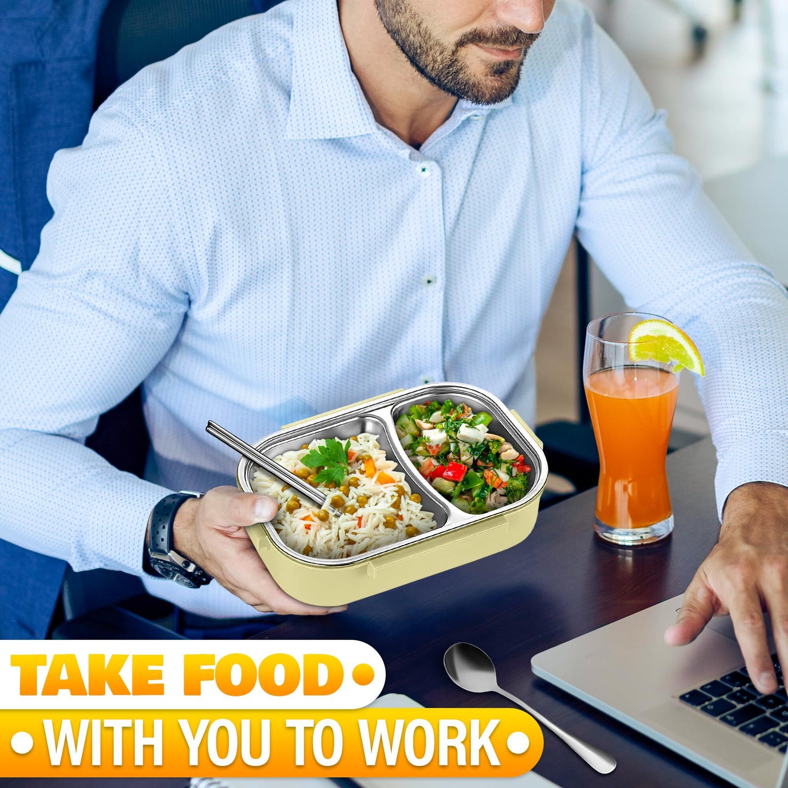 Stainless Steel Bento Lunch Box with Dual Compartments & Utensils – Microwave & Dishwasher Safe for Adults (Green)