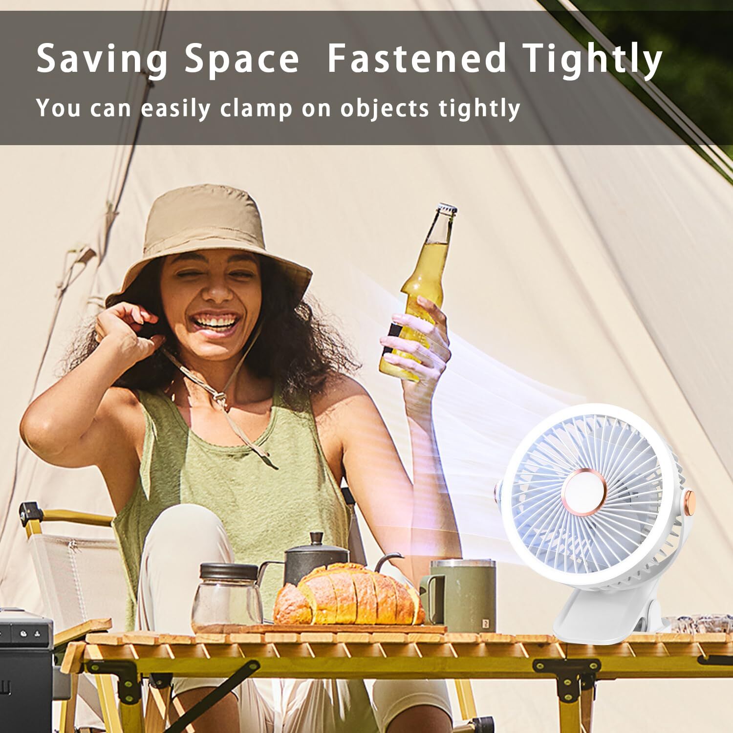 Mini Clip-on Fan with LED Light – USB Rechargeable, 360° Rotatable, 5-Speed Cooling for Desk, Bed, Camping & Travel (White)