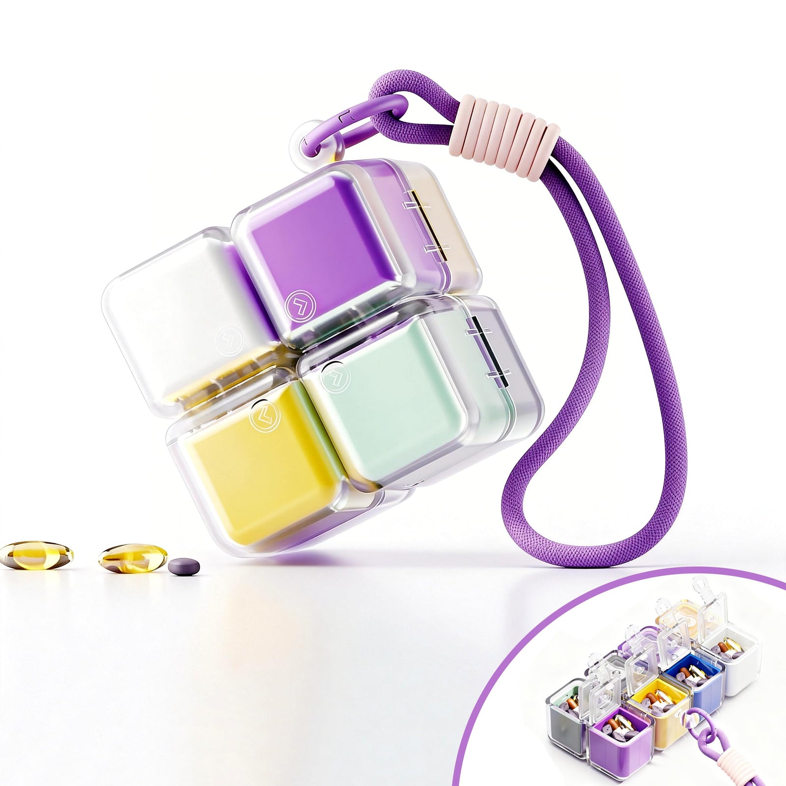 Cube-Shaped Weekly Pill Organizer with Carabiner Clip – 7 Compartment Portable Medicine Case, Airtight & Moisture-Resistant for Daily Vitamins or Emergency Use (Rainbow)