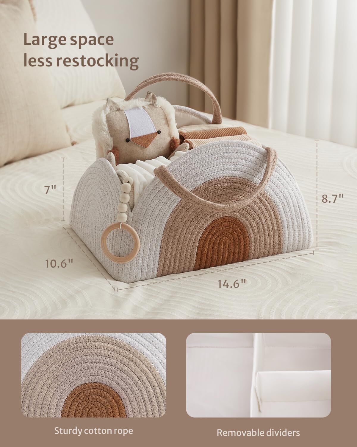 Portable Cotton Rope Diaper Caddy – Large Baby Storage Basket with Removable Dividers and Handles for Nursery, Car, Travel – Stylish Organizing Bin for Newborn Essentials (Earthy Rainbow)