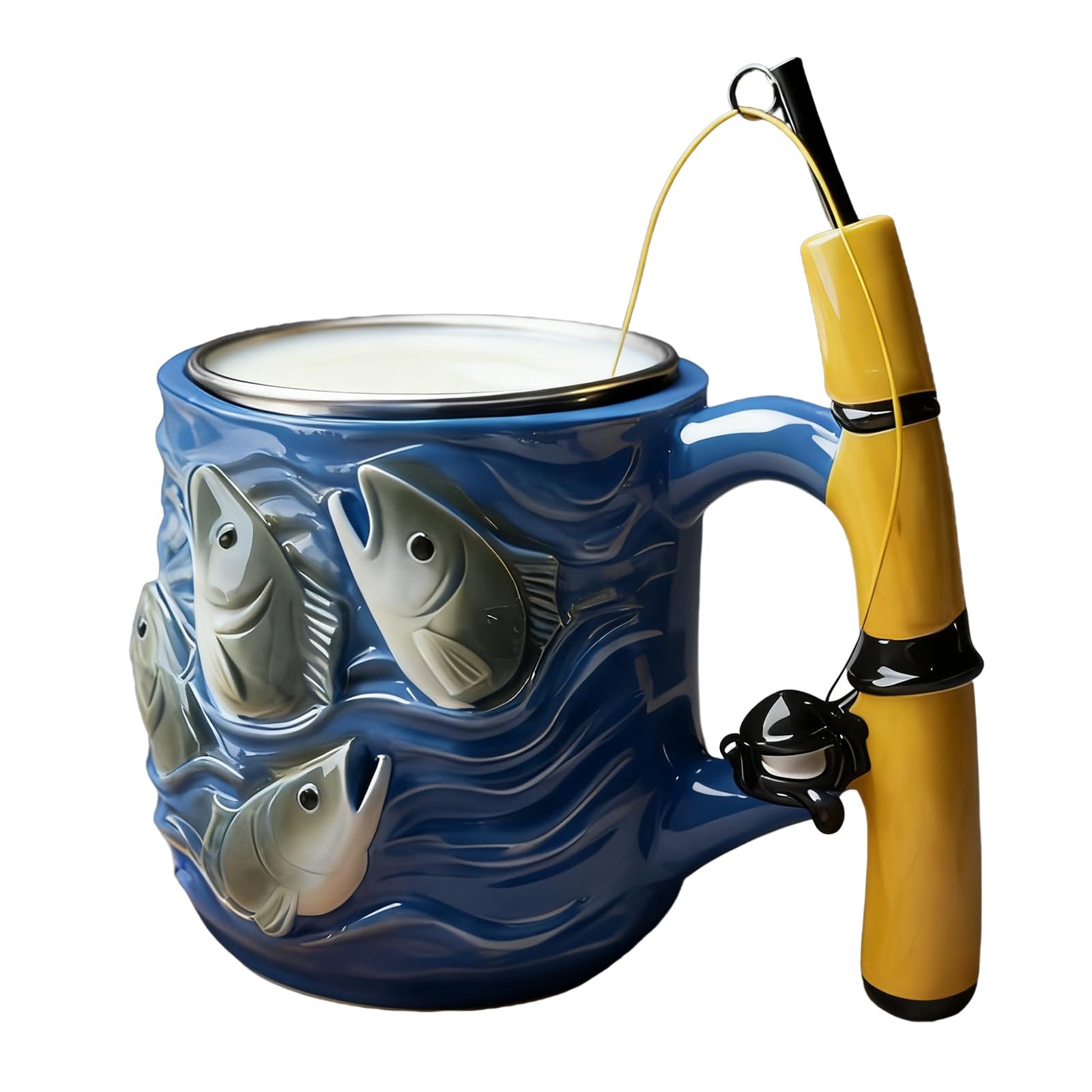 Fishing Rod Ceramic Mug with Realistic Fish Design, 100ml Mini Coffee Cup for Anglers – Durable & Fun Gift for Outdoor Enthusiasts, Office, Camping, or Home Use (Blue)