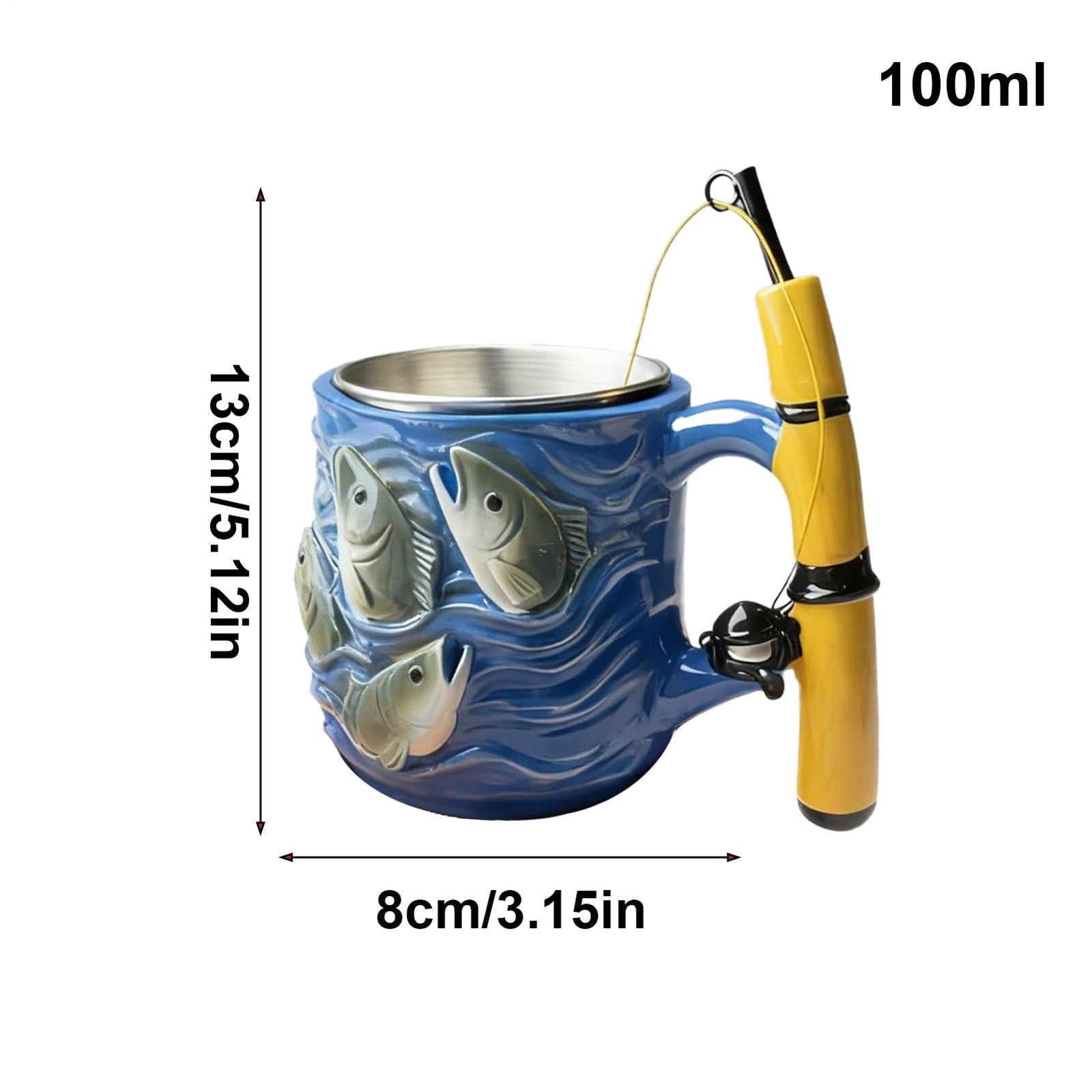 Fishing Rod Ceramic Mug with Realistic Fish Design, 100ml Mini Coffee Cup for Anglers – Durable & Fun Gift for Outdoor Enthusiasts, Office, Camping, or Home Use (Blue)