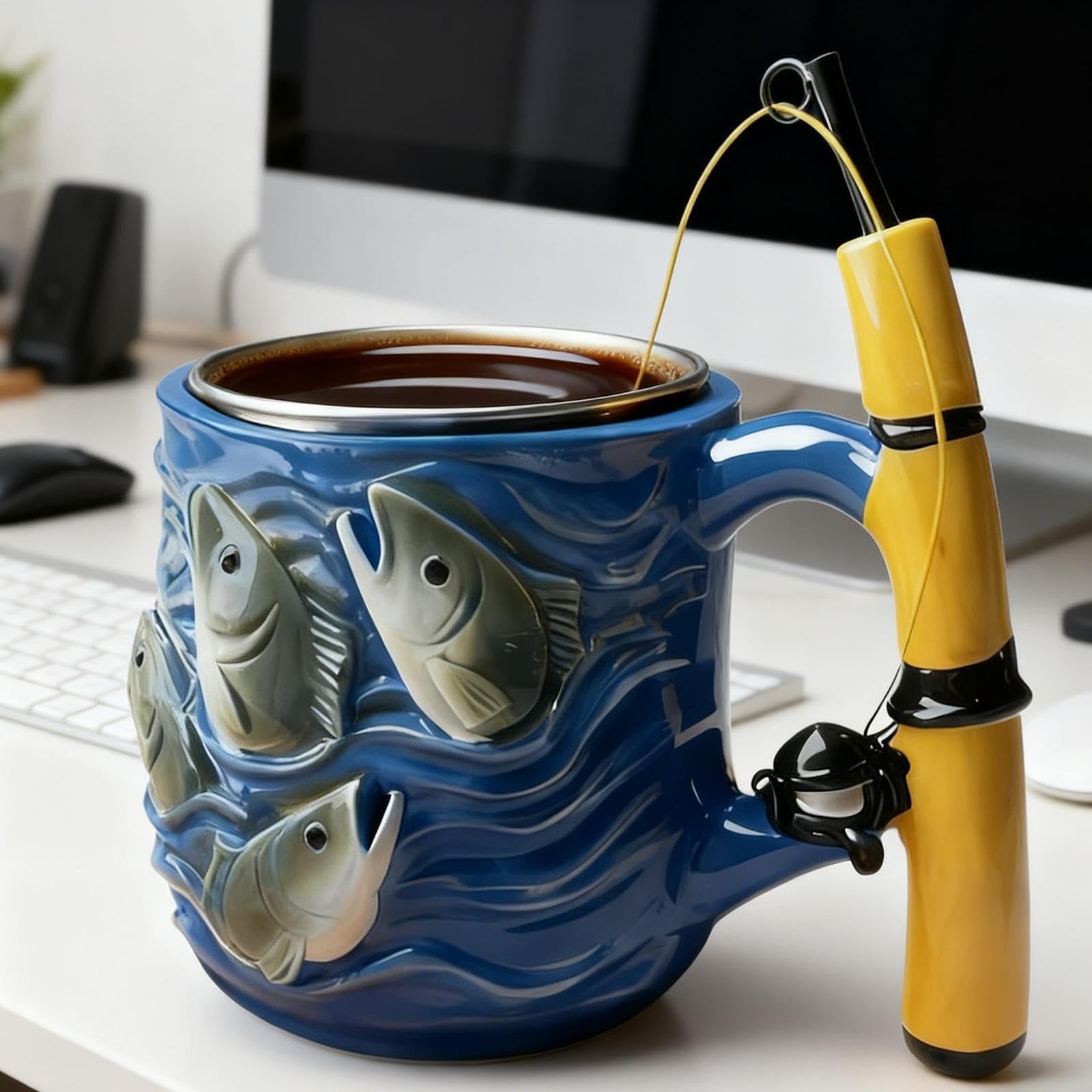 Fishing Rod Ceramic Mug with Realistic Fish Design, 100ml Mini Coffee Cup for Anglers – Durable & Fun Gift for Outdoor Enthusiasts, Office, Camping, or Home Use (Blue)