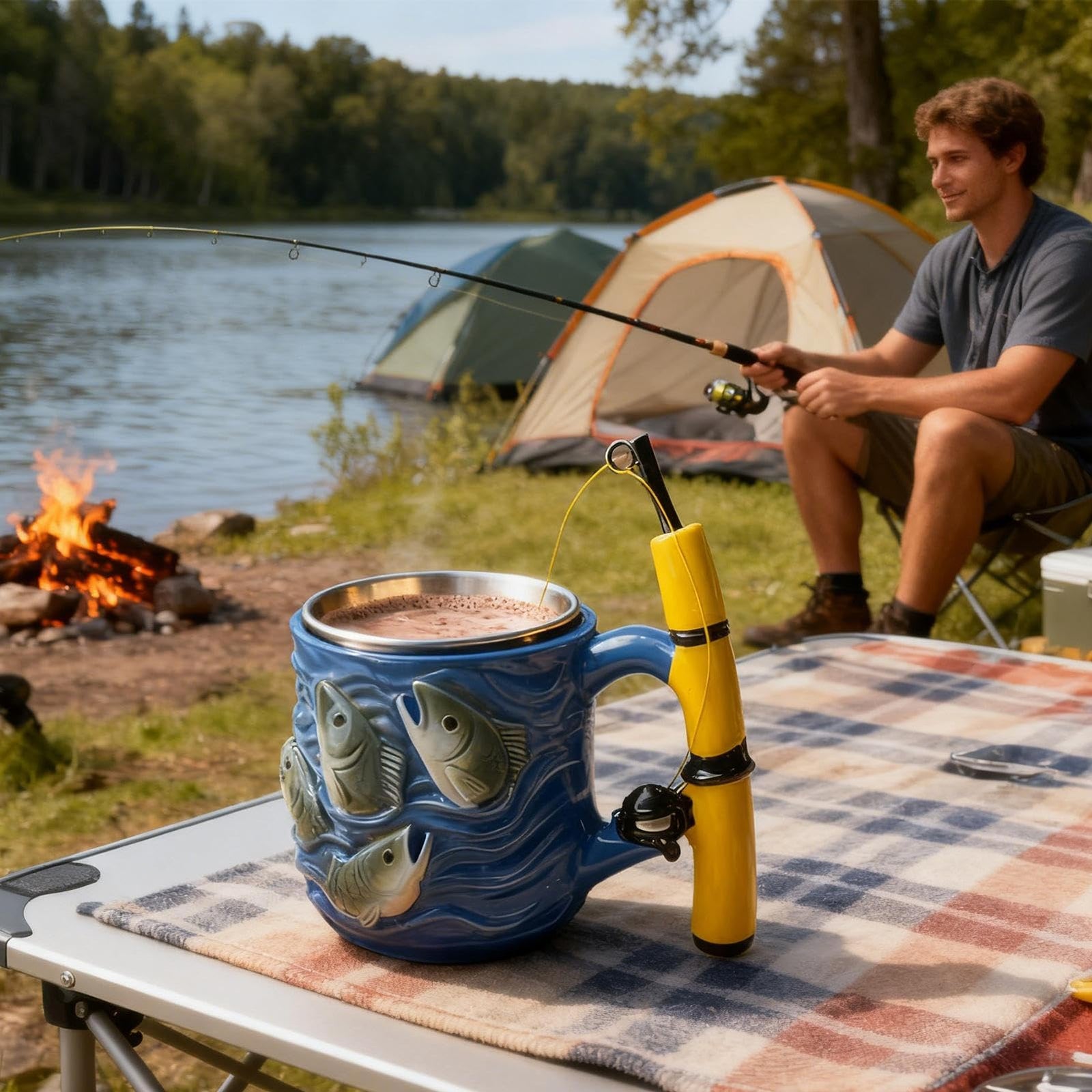 Fishing Rod Ceramic Mug with Realistic Fish Design, 100ml Mini Coffee Cup for Anglers – Durable & Fun Gift for Outdoor Enthusiasts, Office, Camping, or Home Use (Blue)